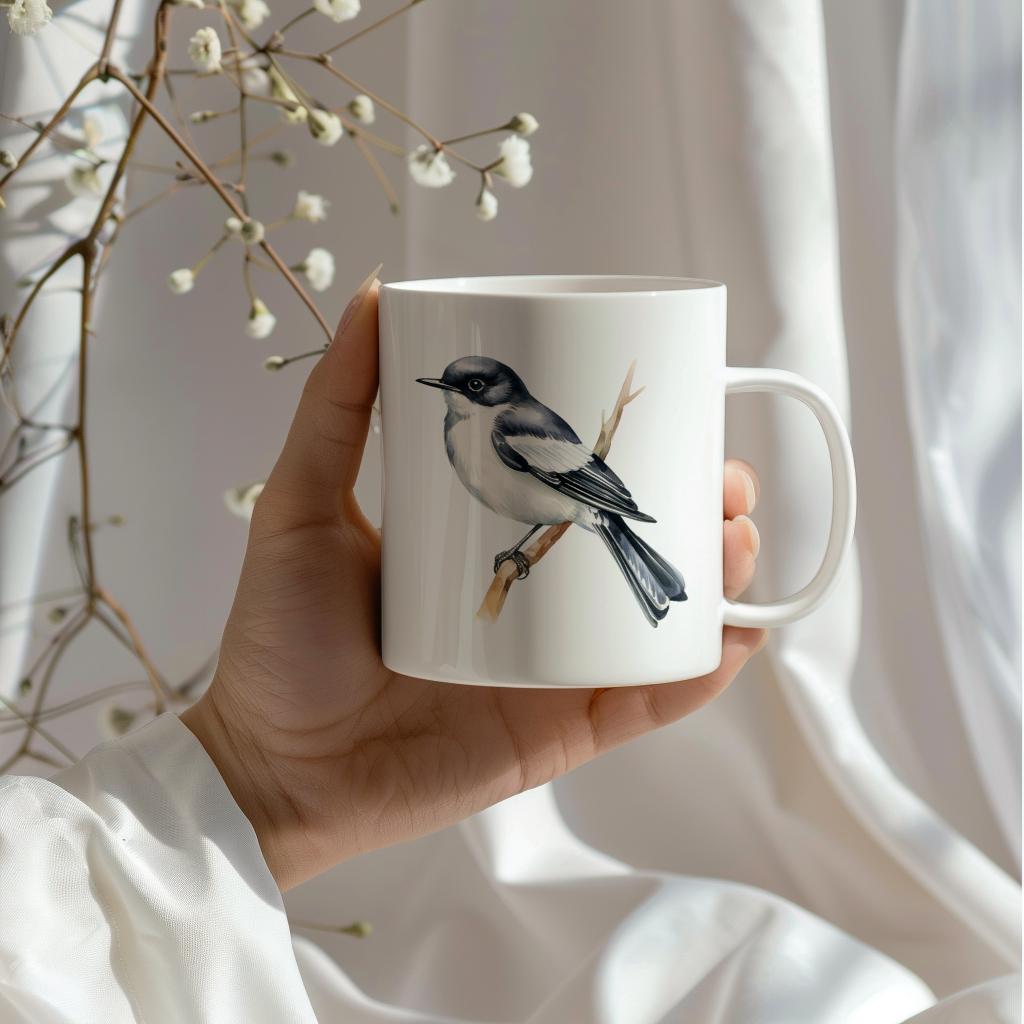 Bird Watching Mug, Pied Flycatcher Song Bird Mug, 11oz or 15oz White Ceramic Coffee Mug Gift for Bird Watchers