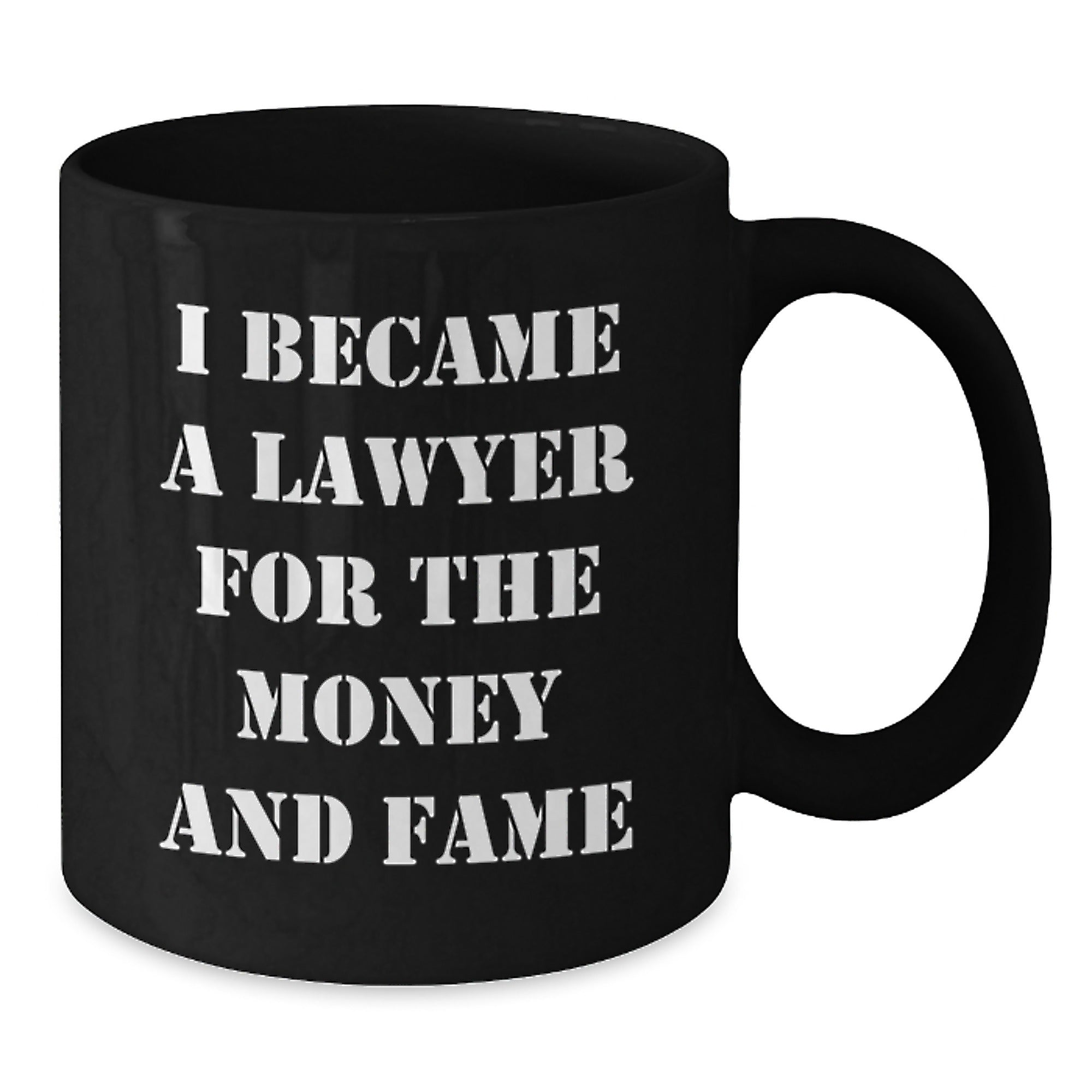 Funny Lawyer Gifts from Friends for Graduation - I Became A Lawyer For The Money And Fame Quote on Black Coffee Mug - Additional