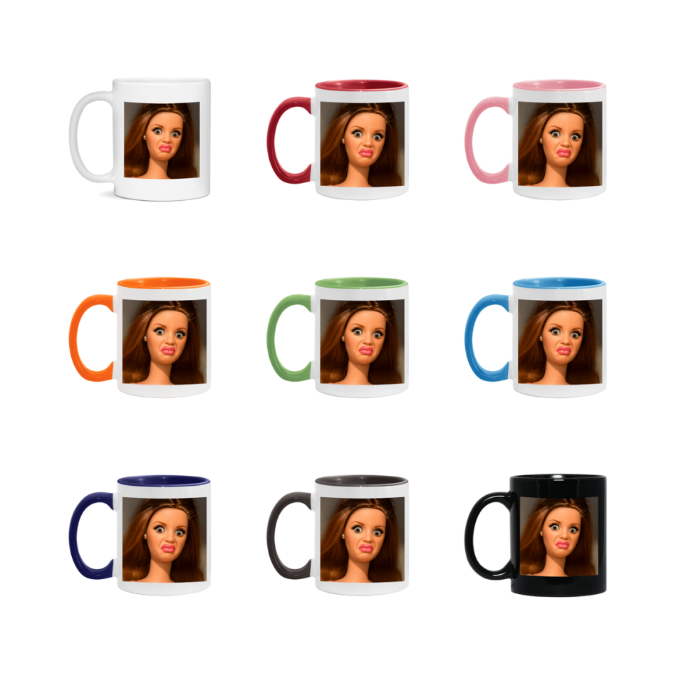 Disgusted Doll Face Mug, Funny Doll Face Meme Coffee Cup