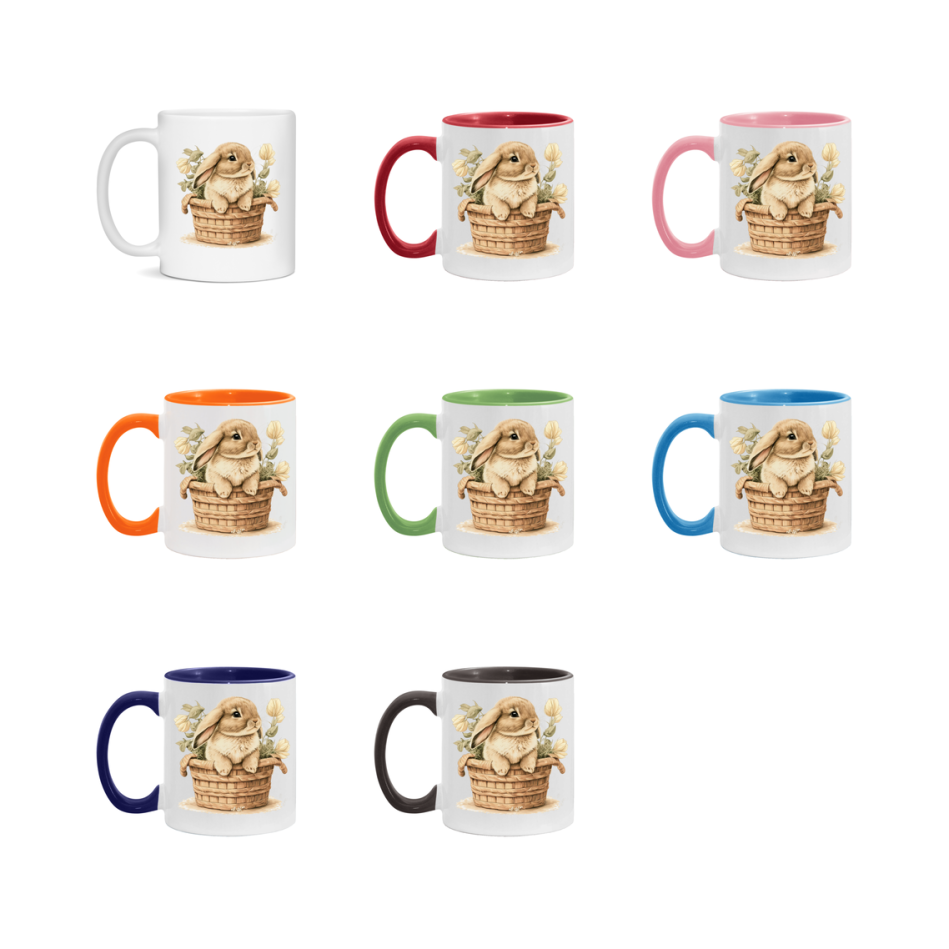 Easter Bunny Coffee Mug, Whimsical Bunny Basket Easter Gift, Double-Sided 11Oz Or 15Oz White Ceramic Cup