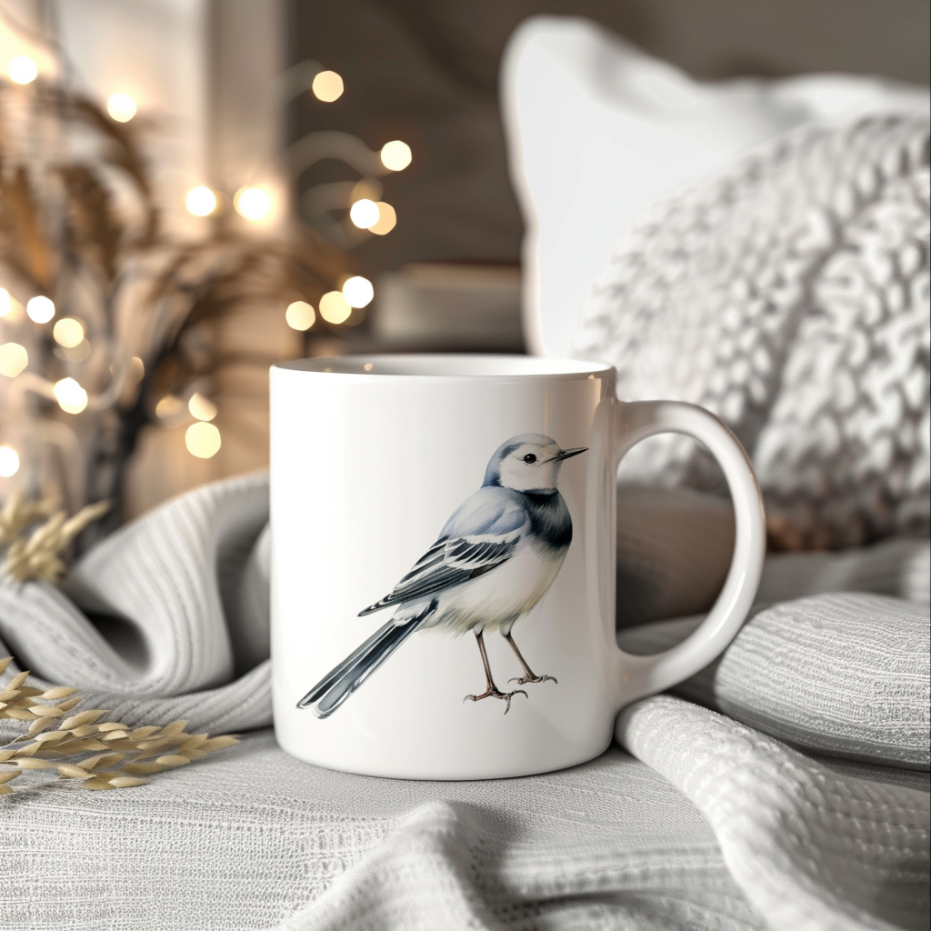 Bird Watching Mug, White Wagtail Song Bird Mug, 11oz or 15oz White Ceramic Coffee Mug Gift for Bird Watchers