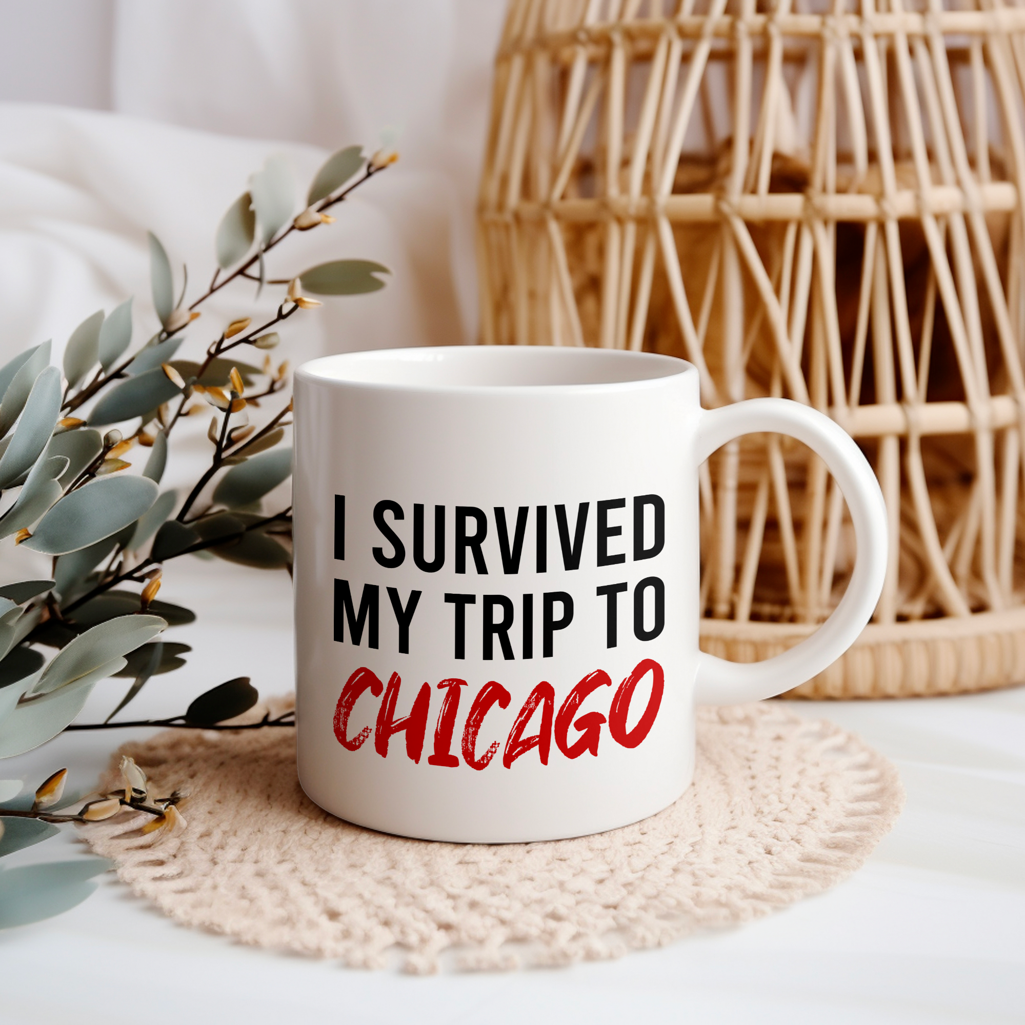 Funny Travel Mug – I Survived My Trip to Chicago, 11oz or 15oz White Ceramic Coffee Mug, Novelty Travel Gift