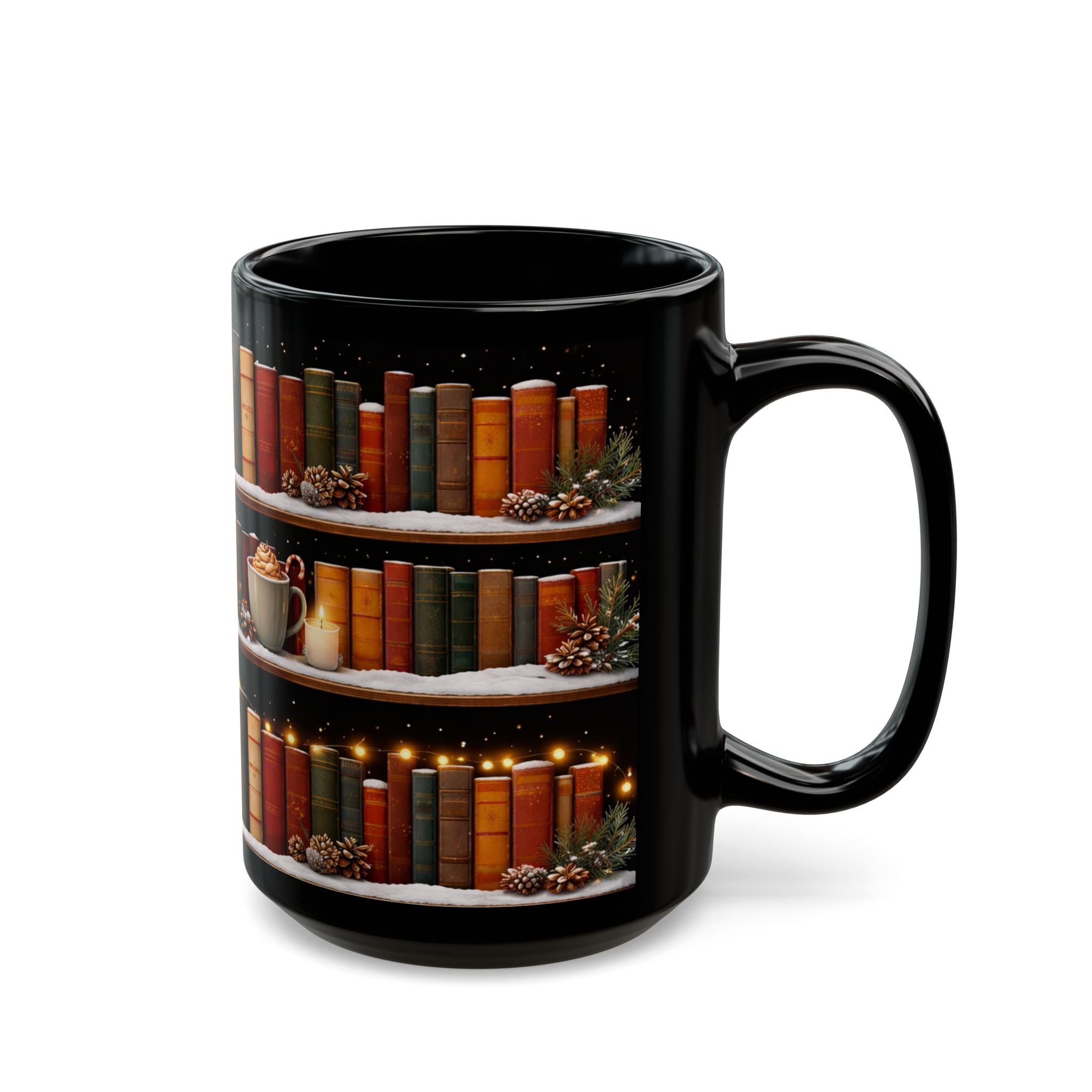 Winter Bookshelf Mug, Book Lover Coffee Mug, Snowy Reading Mug, Cozy Christmas Hot Cocoa Cup, 11oz or 15oz