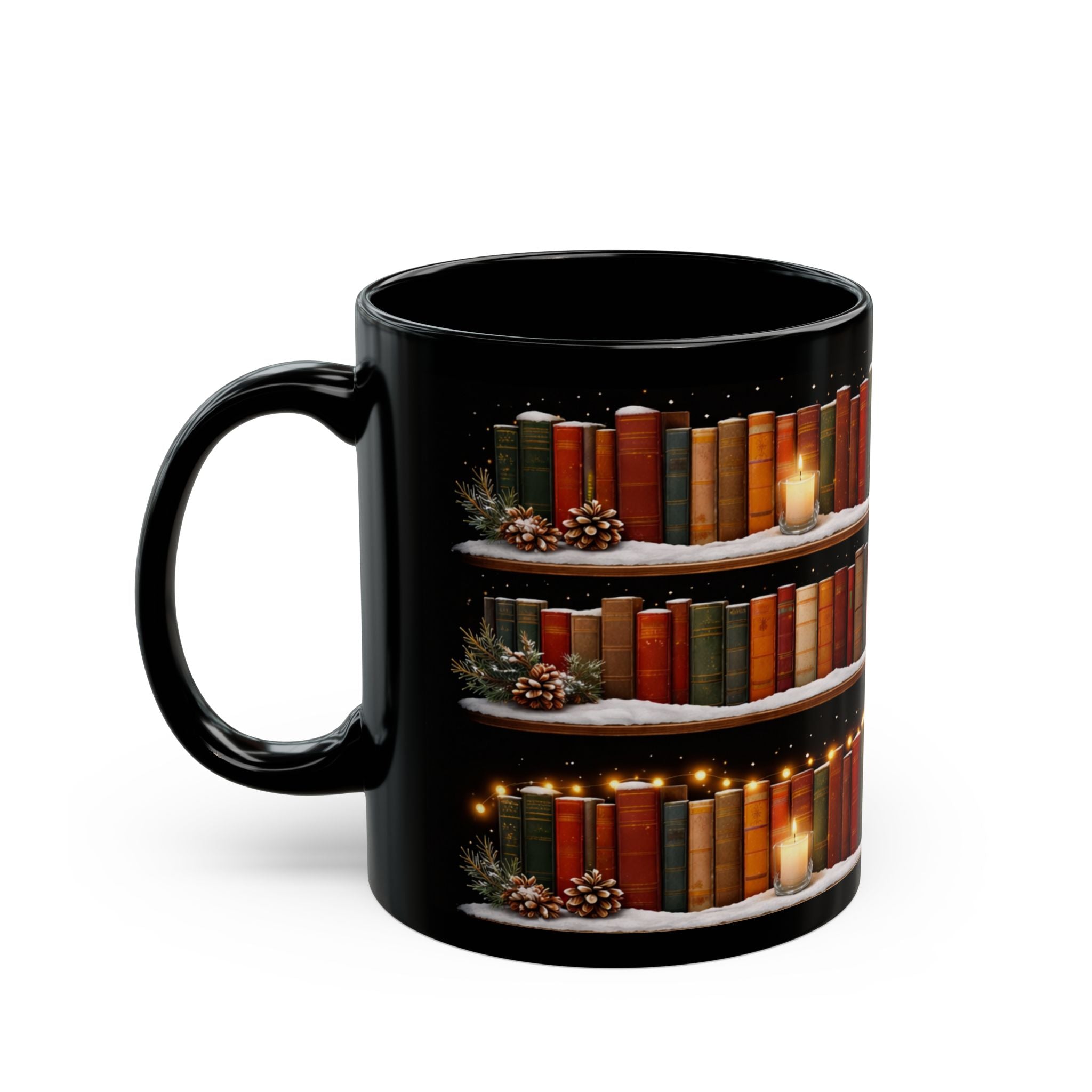 Winter Bookshelf Mug, Book Lover Coffee Mug, Snowy Reading Mug, Cozy Christmas Hot Cocoa Cup, 11oz or 15oz