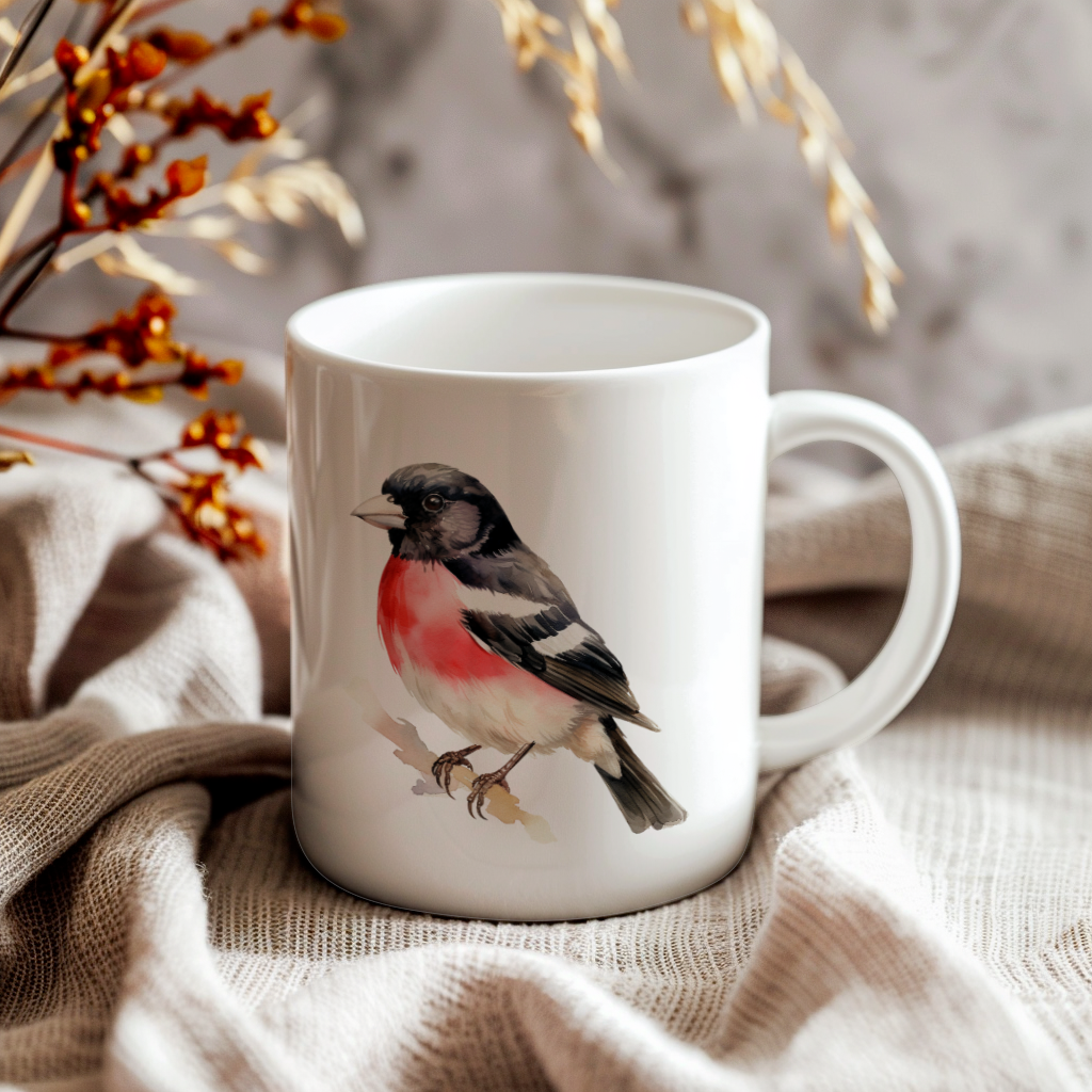 Bird Watching Mug, Rose Breasted Grosbeak Song Bird Mug, 11oz or 15oz White Ceramic Coffee Mug Gift for Bird Watchers