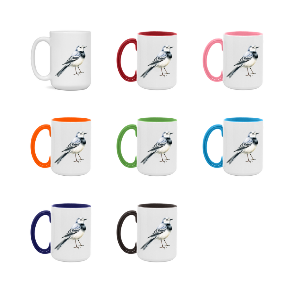 Bird Watching Mug, White Wagtail Song Bird Mug, 11oz or 15oz White Ceramic Coffee Mug Gift for Bird Watchers