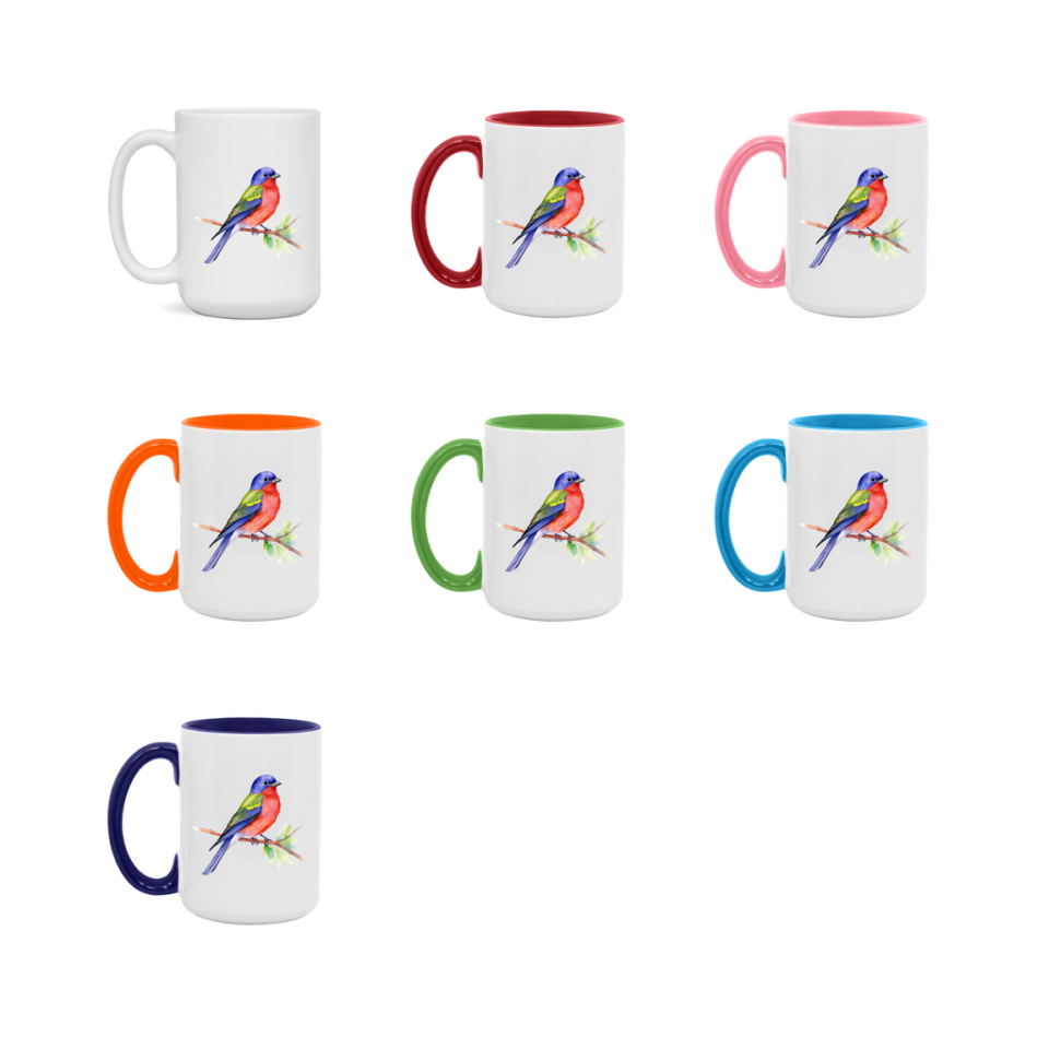 Bird Watching Mug, Painted Bunting Song Bird Mug, 11oz or 15oz White Ceramic Coffee Mug Gift for Bird Watchers