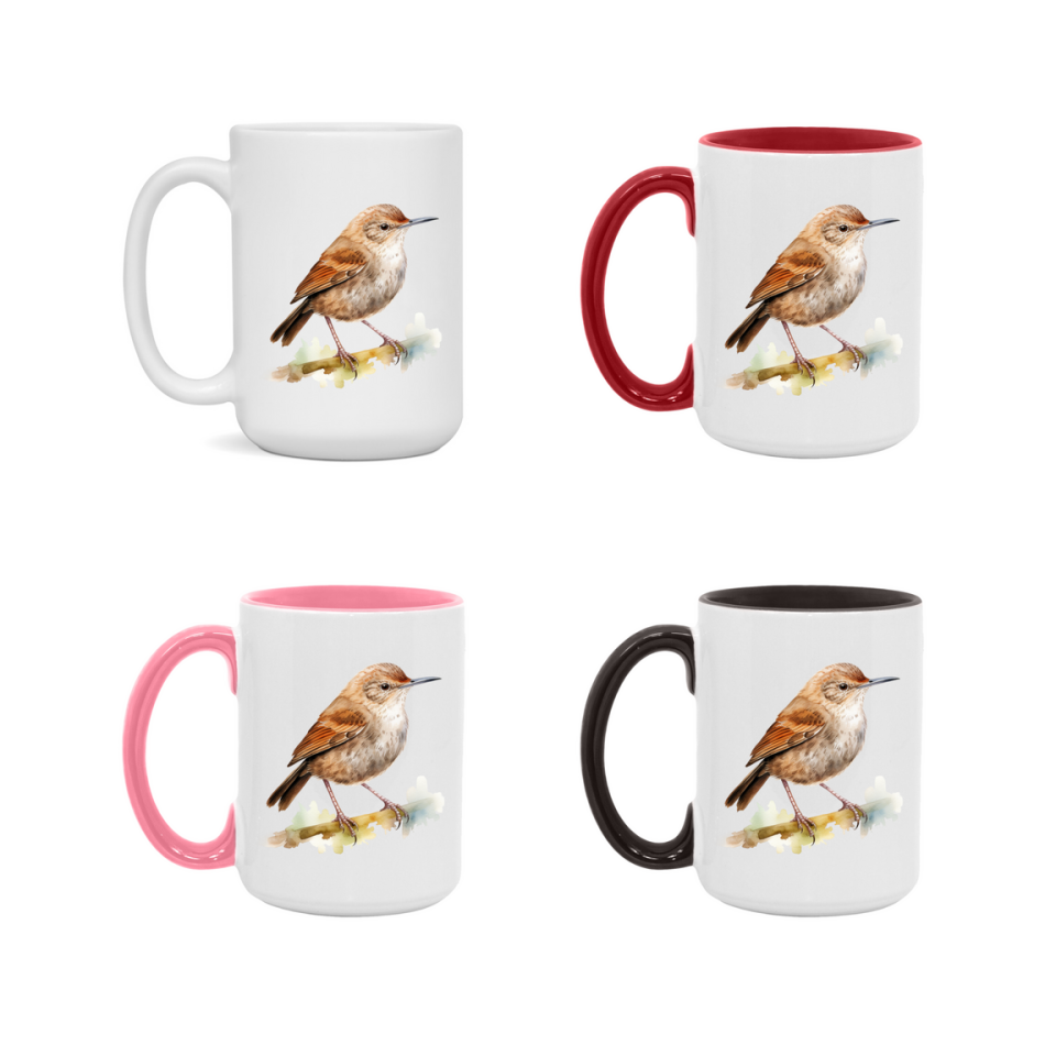 Bird Watching Mug, House Wren Song Bird Mug, 11oz or 15oz White Ceramic Coffee Mug Gift for Bird Watchers