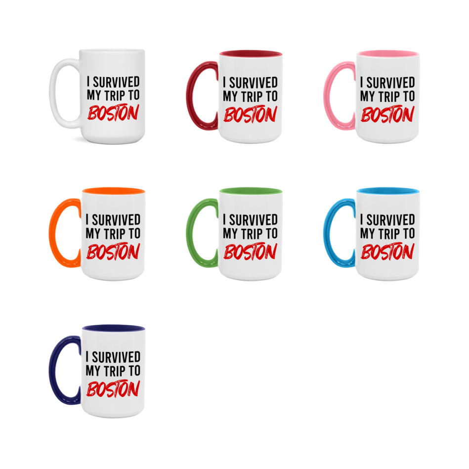 Funny Travel Mug – I Survived My Trip to Boston, 11oz or 15oz White Ceramic Coffee Mug, Novelty Travel Gift