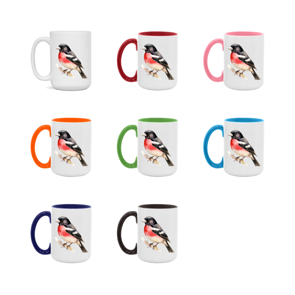 Bird Watching Mug, Rose Breasted Grosbeak Song Bird Mug, 11oz or 15oz White Ceramic Coffee Mug Gift for Bird Watchers