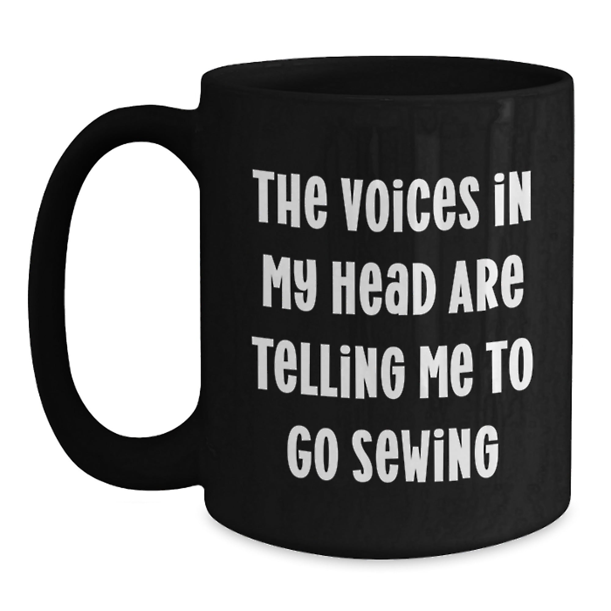 Funny Sewing Gifts for Sewing Lovers, 'The Voices In My Head Are Telling Me To Go Sewing' Black Coffee Mug, Perfect Christmas Unique Gifts from Friends to Fellow Sewing Enthusiasts - Main