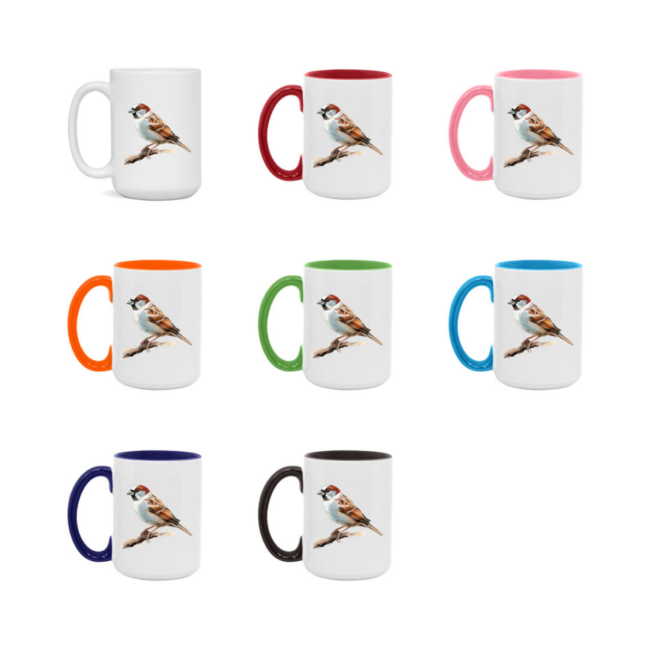 Bird Watching Mug, House Sparrow Song Bird Mug, 11oz or 15oz White Ceramic Coffee Mug Gift for Bird Watchers