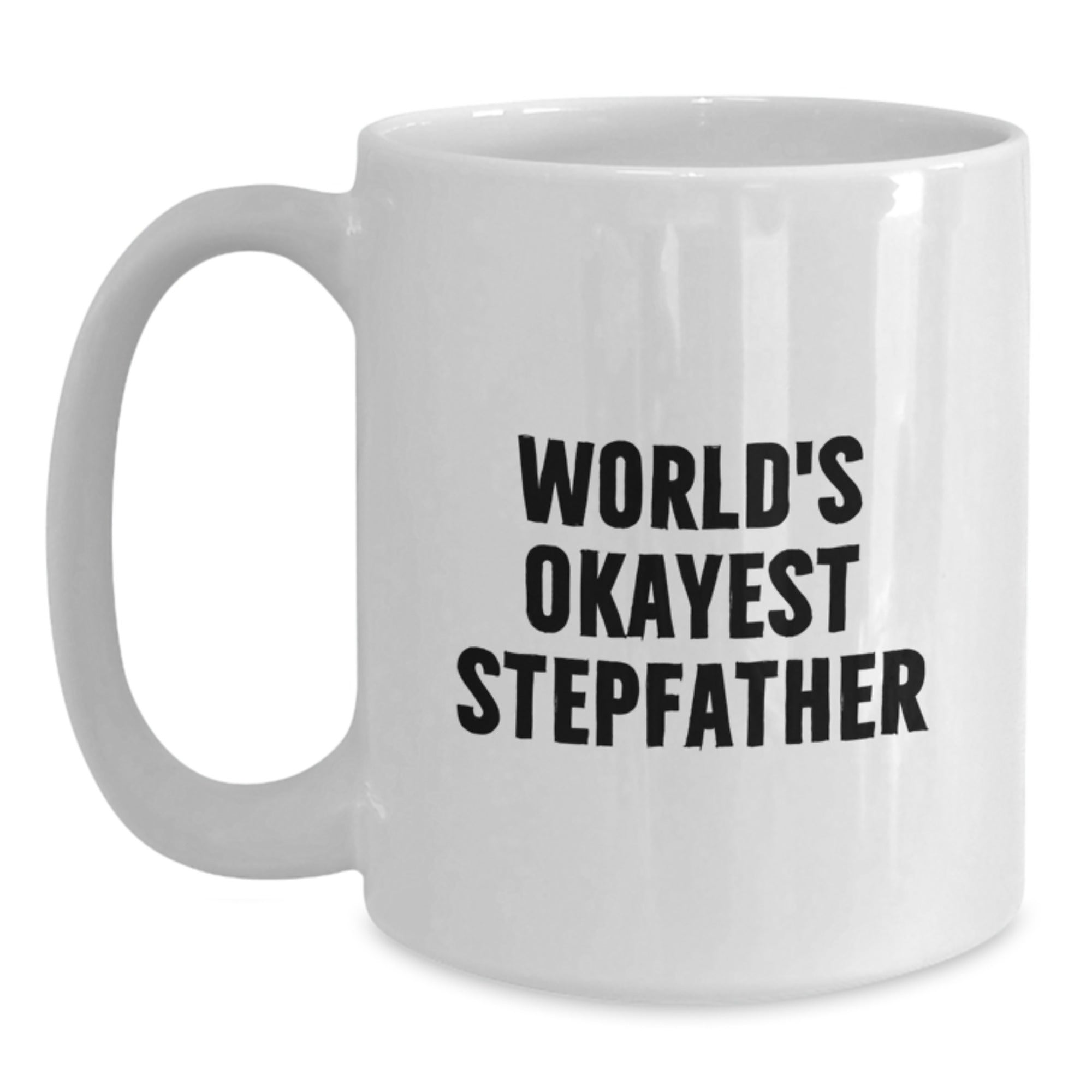Funny Stepfather Gifts for Men, White Coffee Mugs from Family, Christmas Unique Items with 'World's Okayest Stepfather' Quote - Main