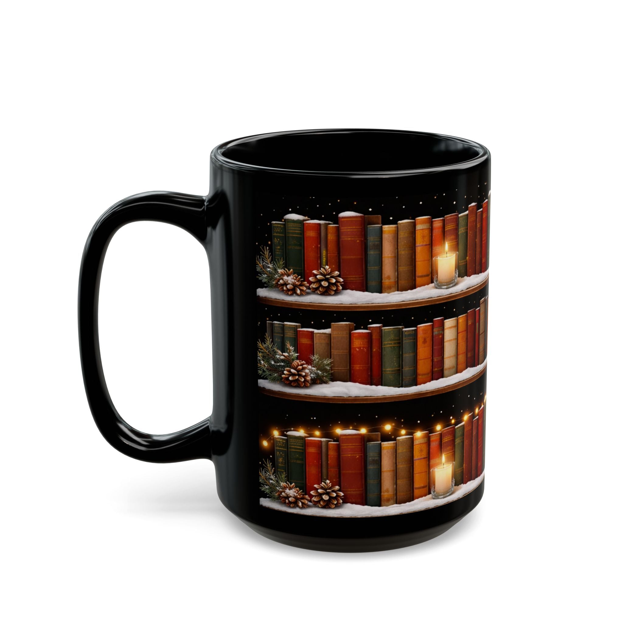 Winter Bookshelf Mug, Book Lover Coffee Mug, Snowy Reading Mug, Cozy Christmas Hot Cocoa Cup, 11oz or 15oz