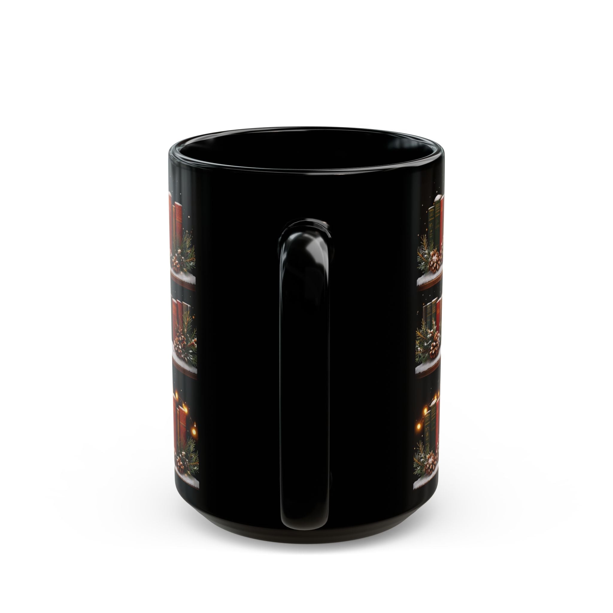 Winter Bookshelf Mug, Book Lover Coffee Mug, Snowy Reading Mug, Cozy Christmas Hot Cocoa Cup, 11oz or 15oz