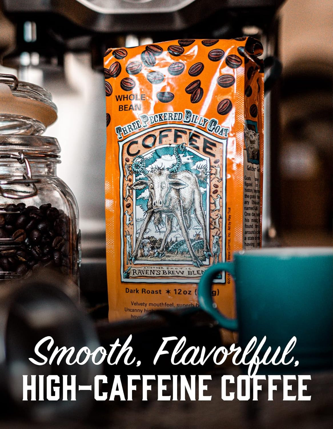 Three Peckered Billy Goat Dark Roast Coffee - 12 Oz Whole Bean - Bold Flavor with a Sweet Finish