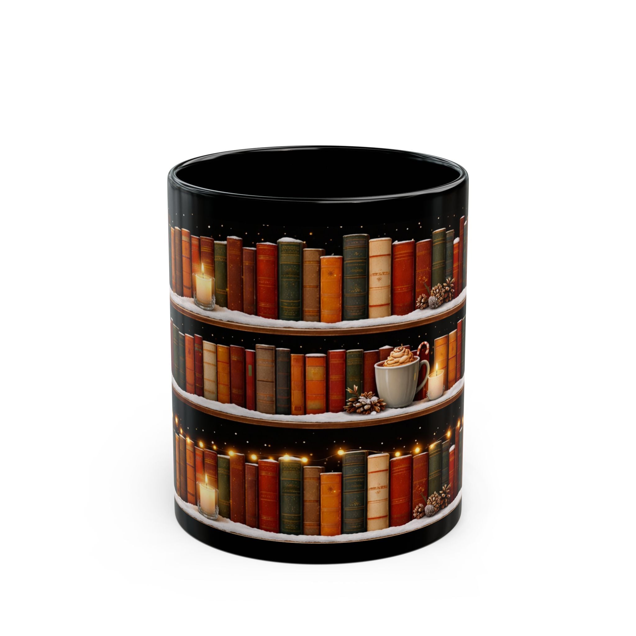 Winter Bookshelf Mug, Book Lover Coffee Mug, Snowy Reading Mug, Cozy Christmas Hot Cocoa Cup, 11oz or 15oz