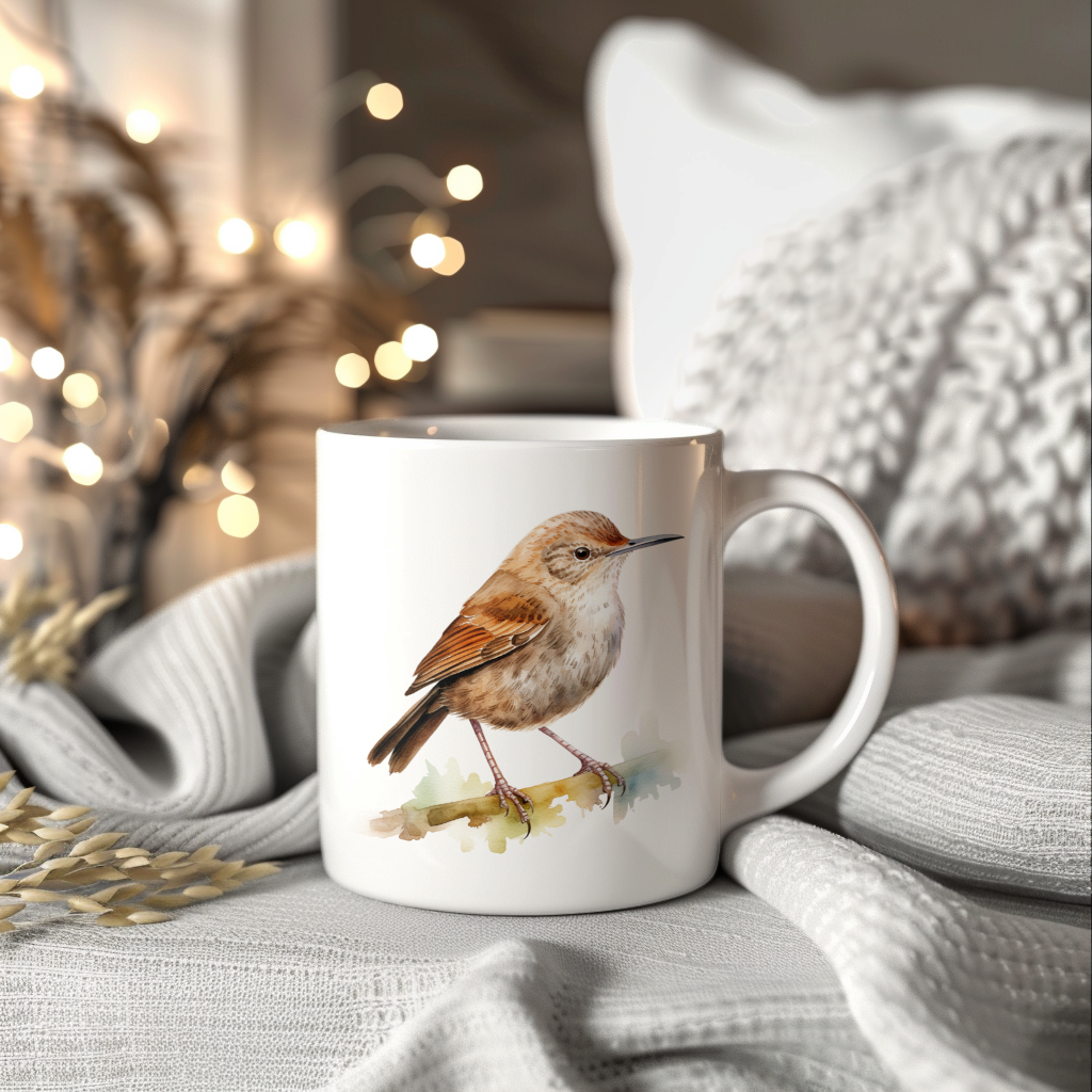 Bird Watching Mug, House Wren Song Bird Mug, 11oz or 15oz White Ceramic Coffee Mug Gift for Bird Watchers