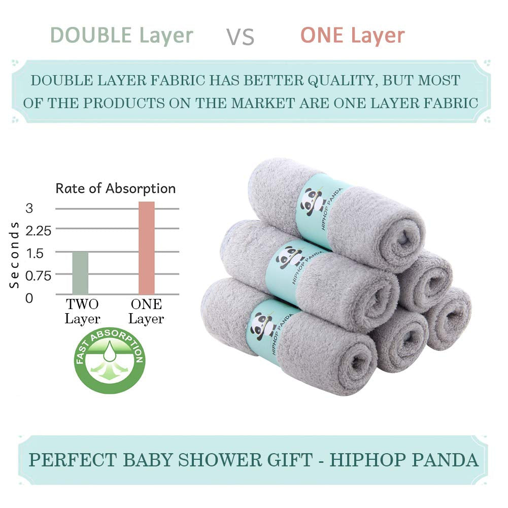 HIPHOP PANDA Baby Washcloths, Rayon Made from Bamboo - 2 Layer Ultra Soft Absorbent Newborn Bath Face Towel - Reusable Baby Wipes for Delicate Skin - Grey, 6 Pack