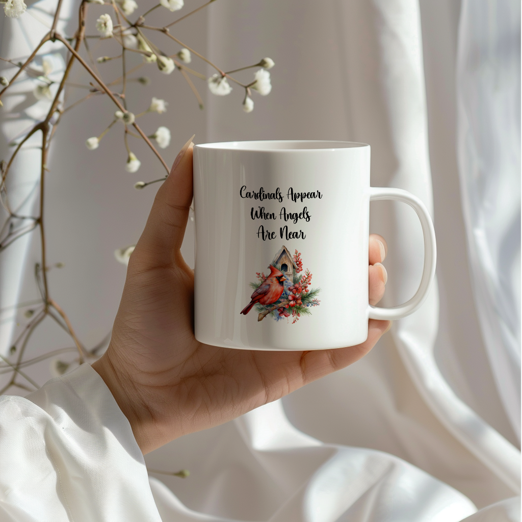 Red Cardinal Mug – "Cardinals Appear When Angels Are Near," 11oz or 15oz Ceramic Christmas Coffee Mug Gift for Cardinal Lovers