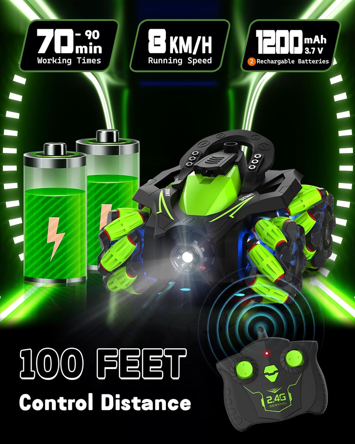 Remote Control Car, RC Stunt Control Car 360° Upright & Side Rotating, 4WD All Terrain Truck with Two 1200Mah Rechargeable Batteries for 1.5H, Birthday Present for 5-12 Boys