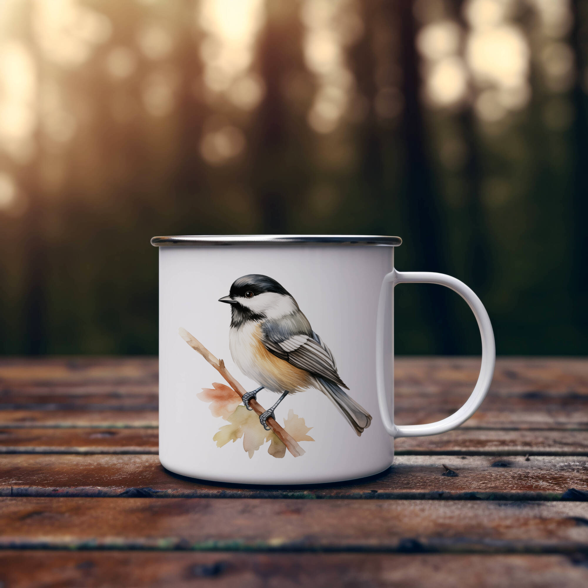Bird Watching Mug, Black Capped Chickadee Song Bird Camping Mug, 12oz Camping Mug, White Stainless Steel Cup with Handle