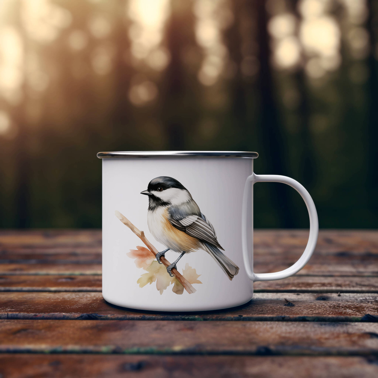 Bird Watching Mug, Black Capped Chickadee Song Bird Camping Mug, 12oz Camping Mug, White Stainless Steel Cup with Handle