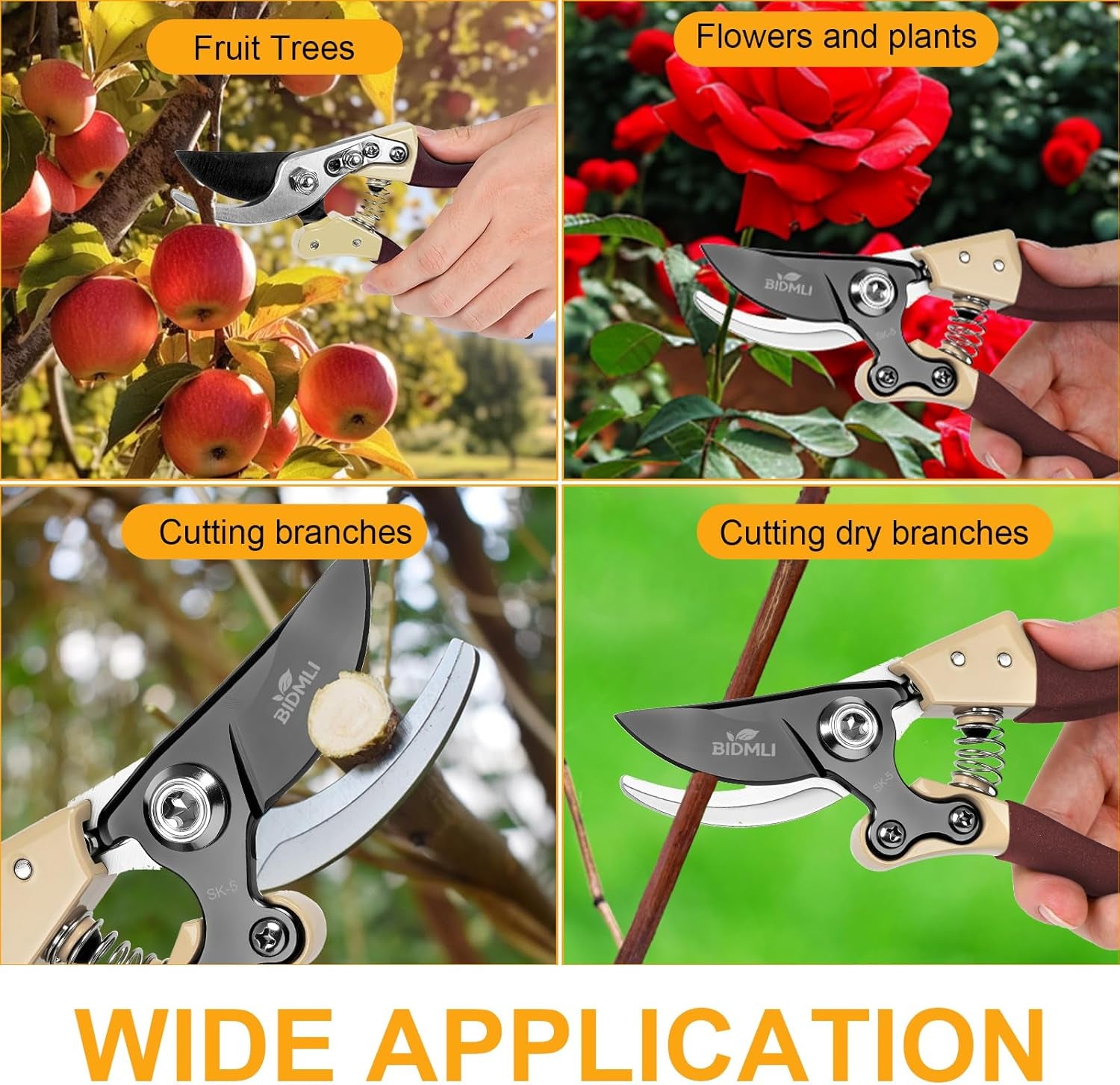Heavy Duty Pruning Shears，Garden Scissors & Clippers with BIDMLI 8.66" SK5 Steel Blades & Aluminum Alloy Handles, Tree Branch Cutter, Ideal for Thick Branches, Dry Twigs, Flower Pruning Tool.