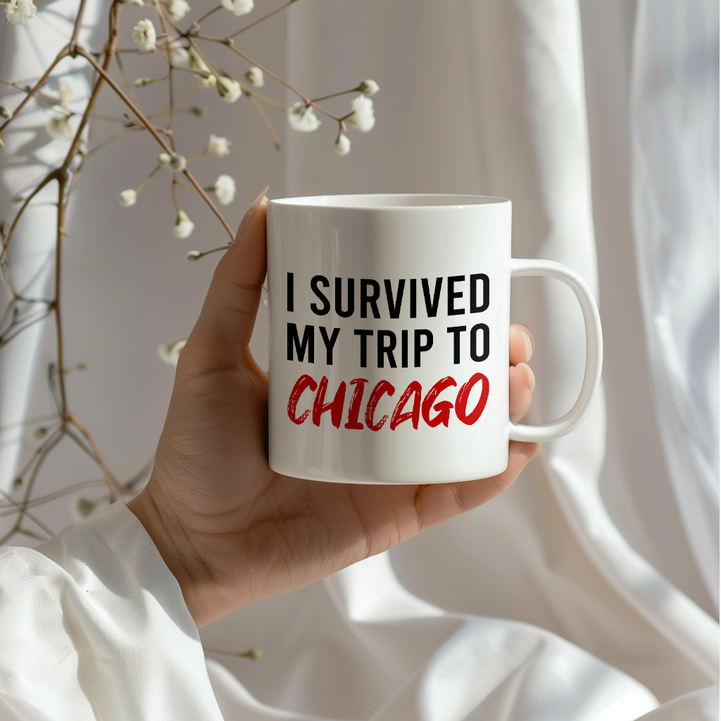 Funny Travel Mug – I Survived My Trip to Chicago, 11oz or 15oz White Ceramic Coffee Mug, Novelty Travel Gift