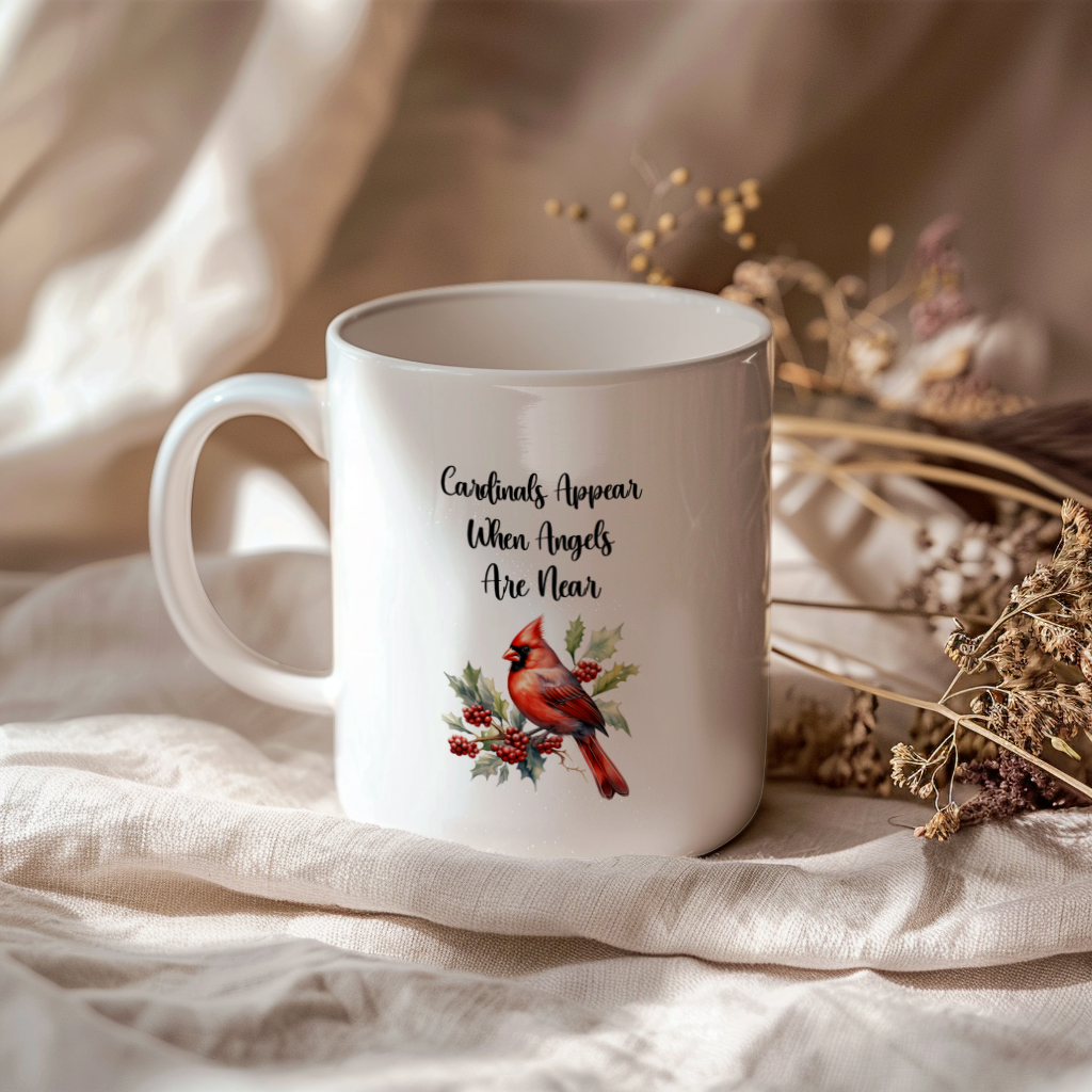 Red Cardinal Mug – "Cardinals Appear When Angels Are Near," 11oz or 15oz Ceramic Christmas Coffee Mug Gift for Cardinal Lovers