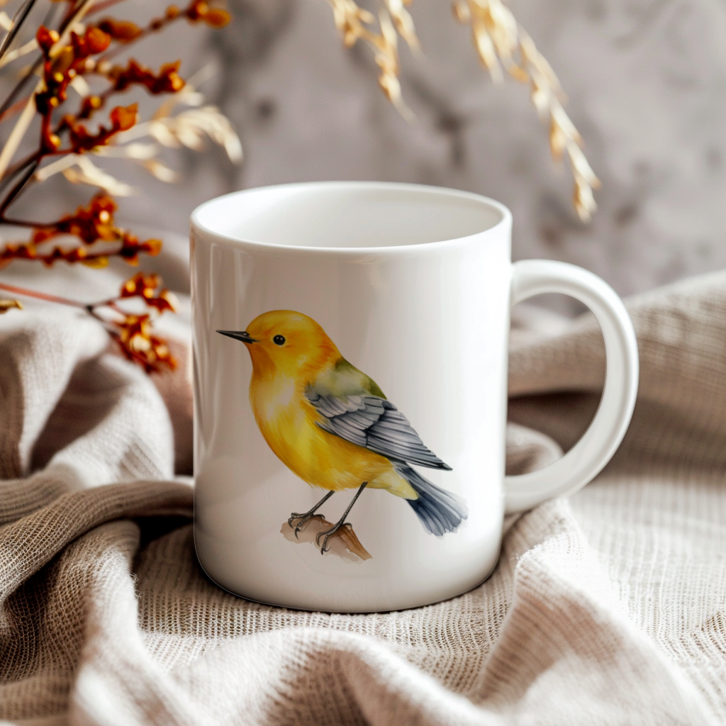 Bird Watching Mug, Prothonotary Warbler Song Bird Mug, 11oz or 15oz White Ceramic Coffee Mug Gift for Bird Watchers