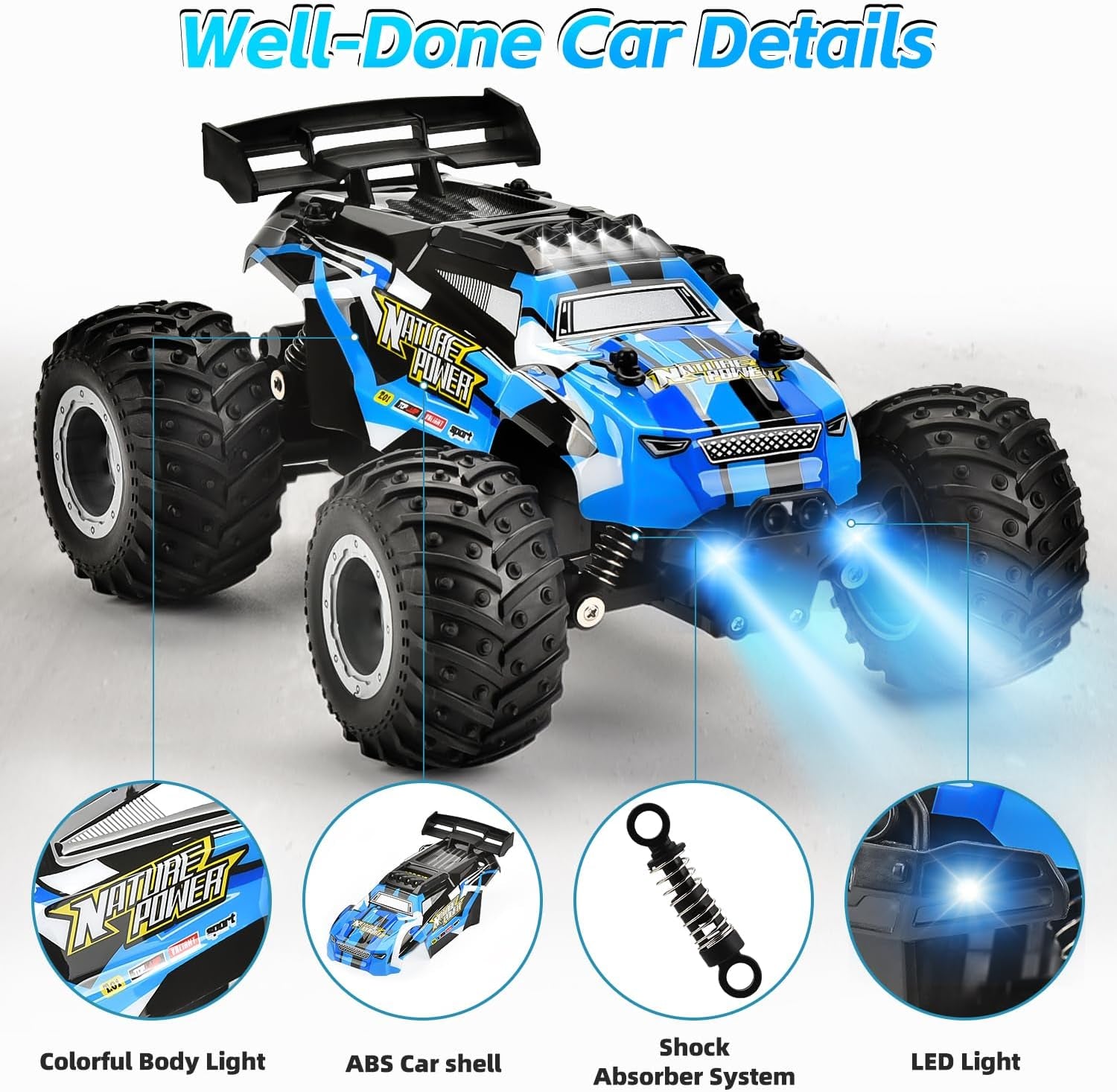 Remote Control Car, 2.4Ghz Glow-Up RC Cars with Body Lights & Headlights, 2 Rechargeable Batteries for 40 Min Play, 20 KM/H All Terrain Off-Road Monster Truck,Toys for Boys Kids Age 4-7 8-12 Xmas Gift