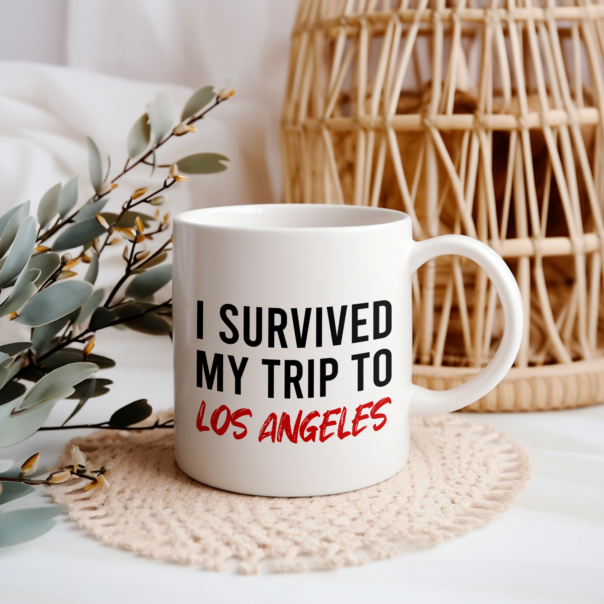 Funny Travel Mug – I Survived My Trip to Los Angeles, 11oz or 15oz White Ceramic Coffee Mug, Novelty Travel Gift