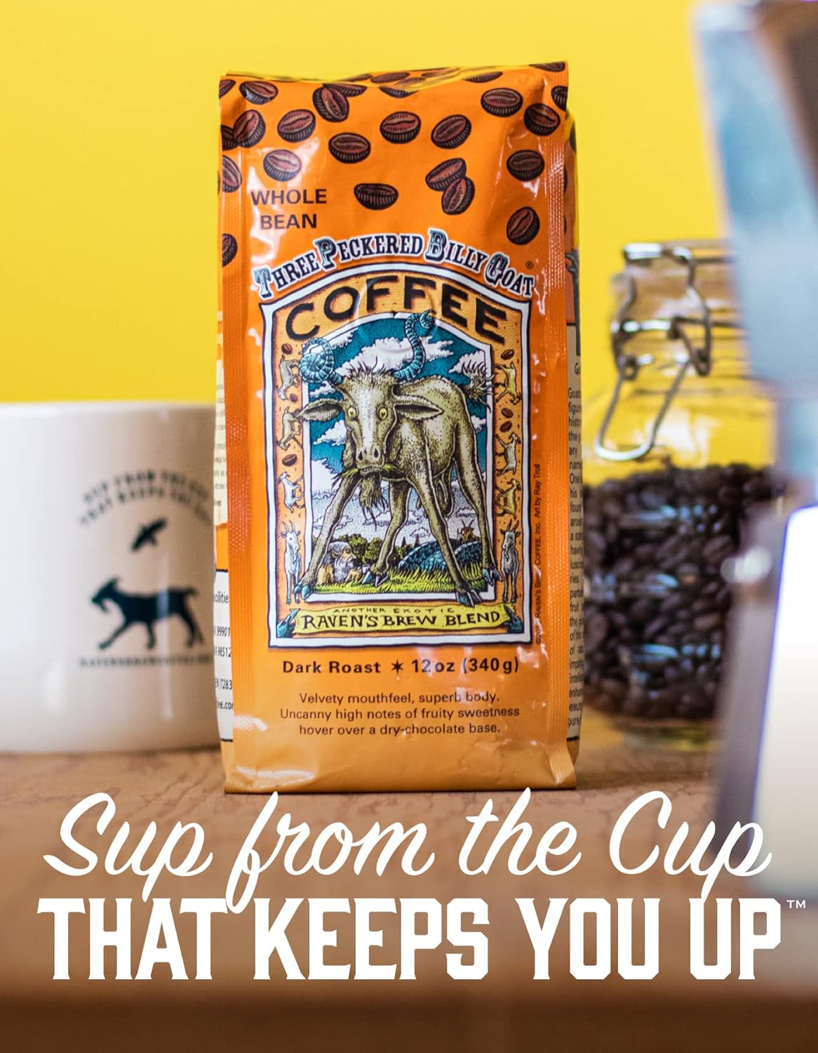 Three Peckered Billy Goat Dark Roast Coffee - 12 Oz Whole Bean - Bold Flavor with a Sweet Finish