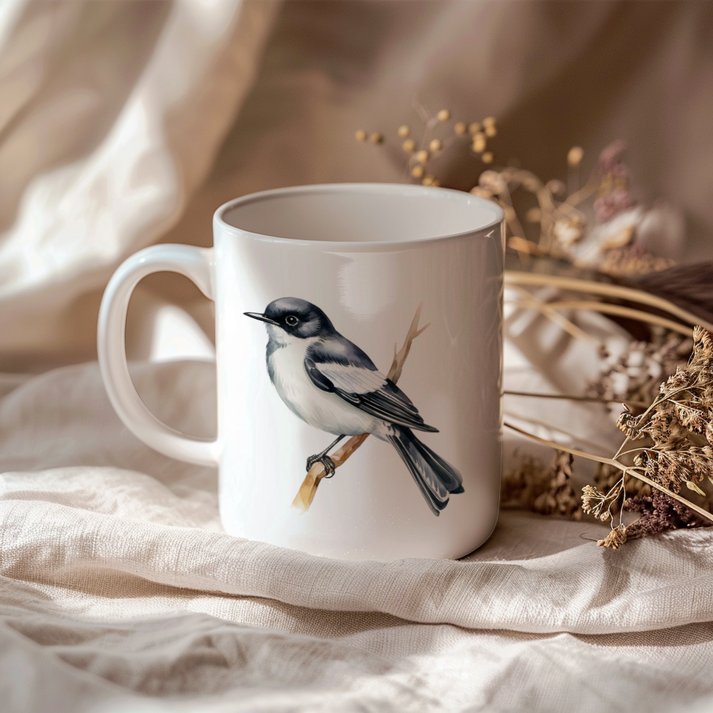 Bird Watching Mug, Pied Flycatcher Song Bird Mug, 11oz or 15oz White Ceramic Coffee Mug Gift for Bird Watchers