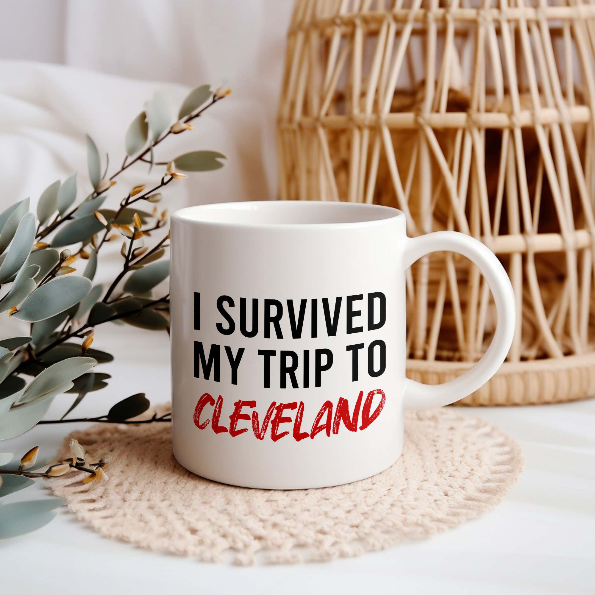Funny Travel Mug – I Survived My Trip to Cleveland, 11oz or 15oz White Ceramic Coffee Mug, Novelty Travel Gift