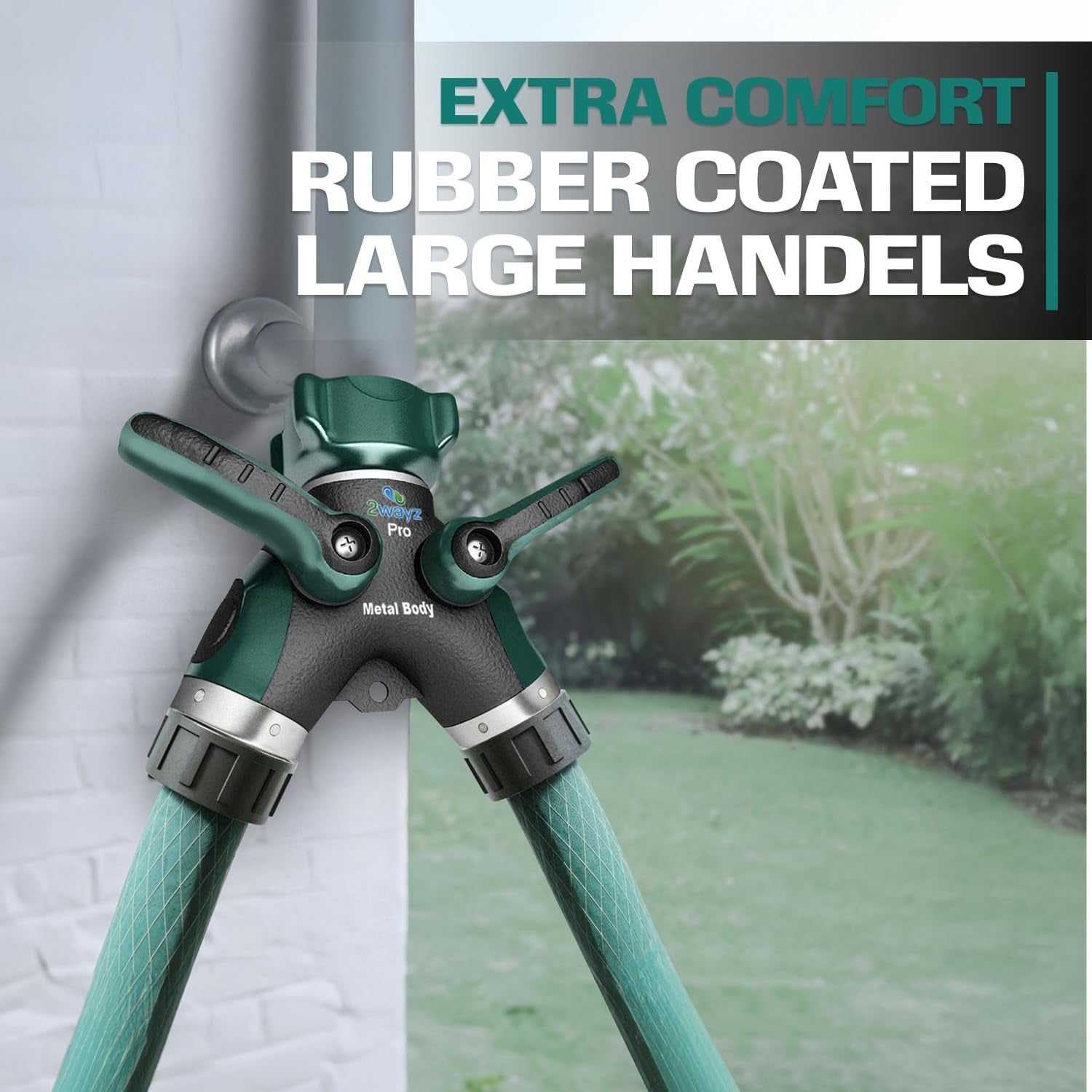 2WAYZ Hose Splitter 2 Way Heavy Duty Outdoor Faucet and Garden Connector - Water Spigot Splitter - Durable All-Metal Y Adapter with Shut-Off Valve - 4 X 4 X 1.5 Inches