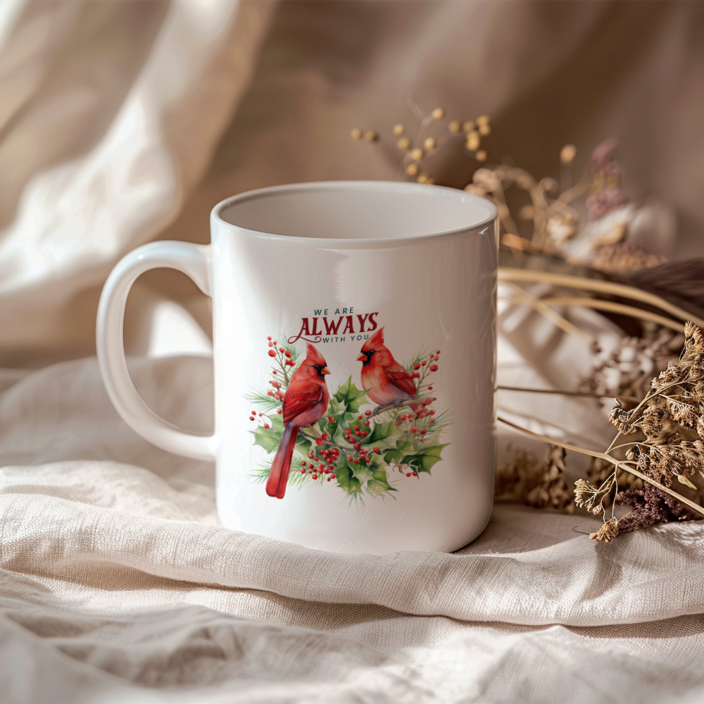 Red Cardinal Mug – Northern Red Cardinal Christmas Mug with Heartfelt Message, 11oz or 15oz White Ceramic Coffee Cup