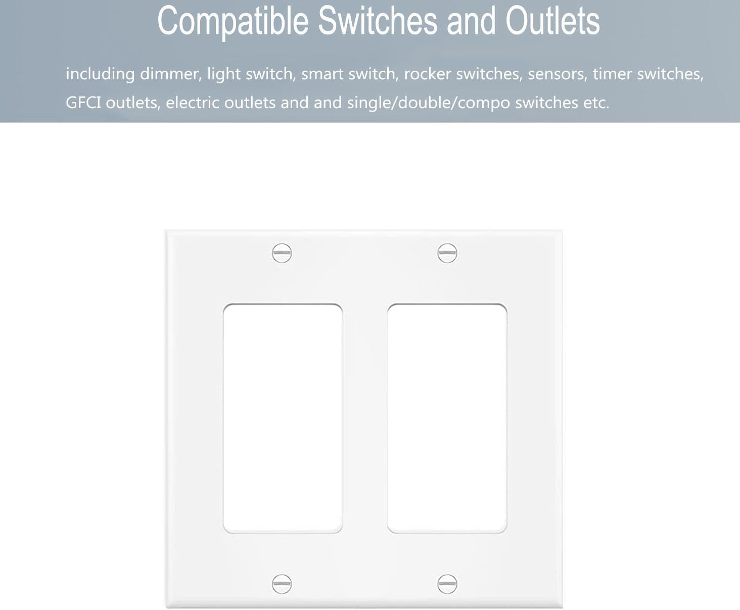 2-Gang Decorator Wall Plate Cover Double Switch Outlet Electrical Faceplate for Light Switche, Smart Switch, Receptacle, Dimmers, USB Outlet, GFCI, White (4-Pack)