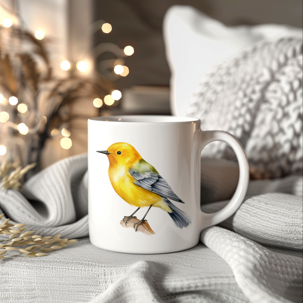 Bird Watching Mug, Prothonotary Warbler Song Bird Mug, 11oz or 15oz White Ceramic Coffee Mug Gift for Bird Watchers