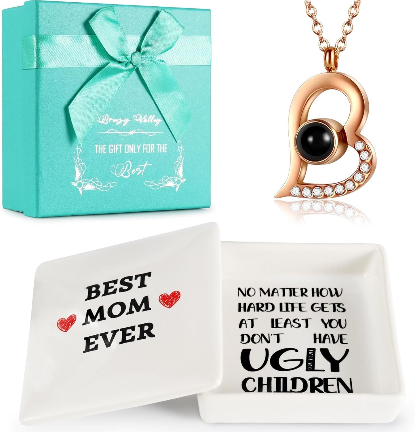 Best Mom Gifts from Daughter Son - Mothers Day Birthday Christmas Valentine Gifts for Mom Jewelry Tray Ring Holder Trinket Dish with I Love You Heart Necklace