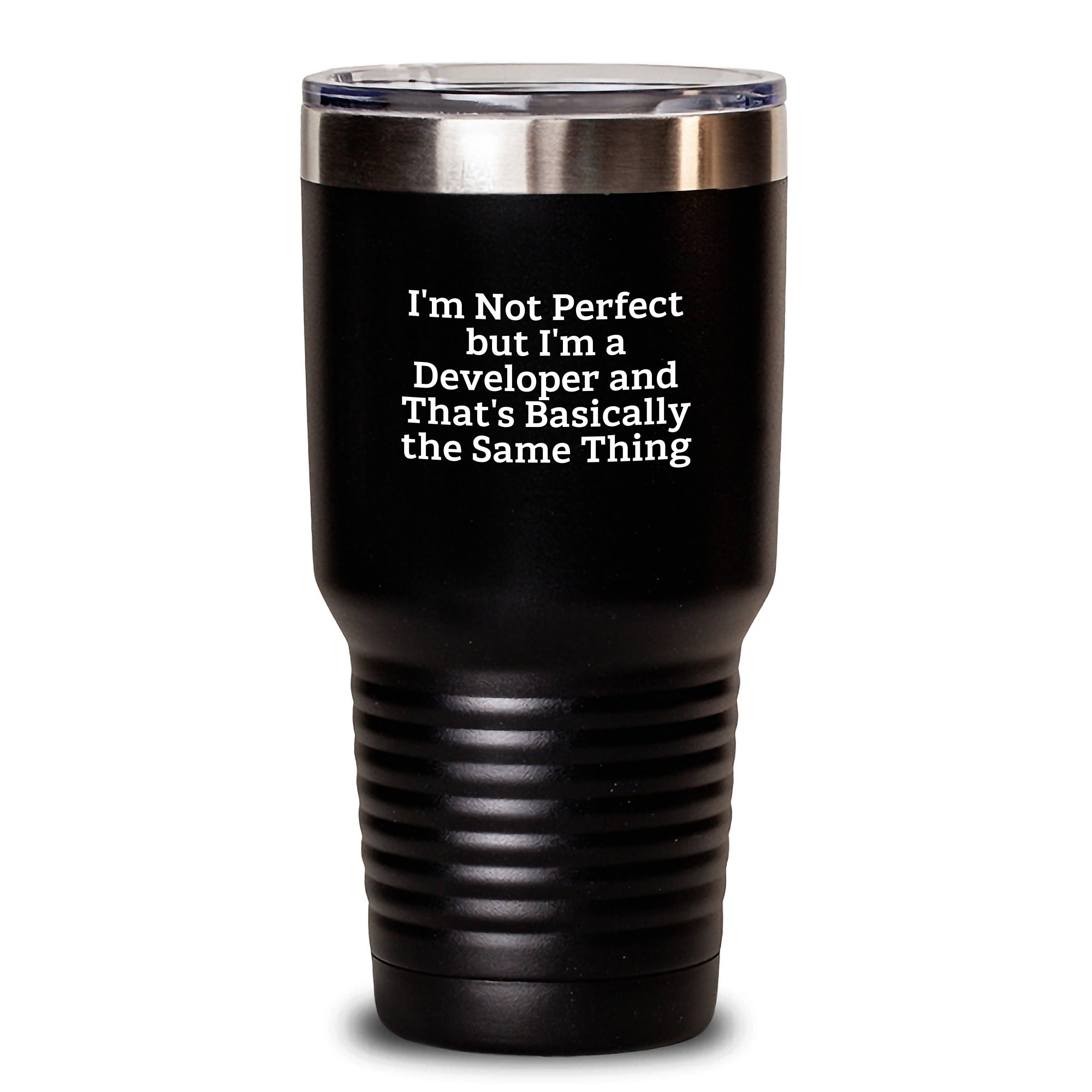 Funny Developer Gifts from Friends for Birthday Unique Tumblers, I'm Not Perfect But I'm A Developer And That's Basically The Same Thing - 20oz or 30oz Stainless Steel Powder Coating - Main