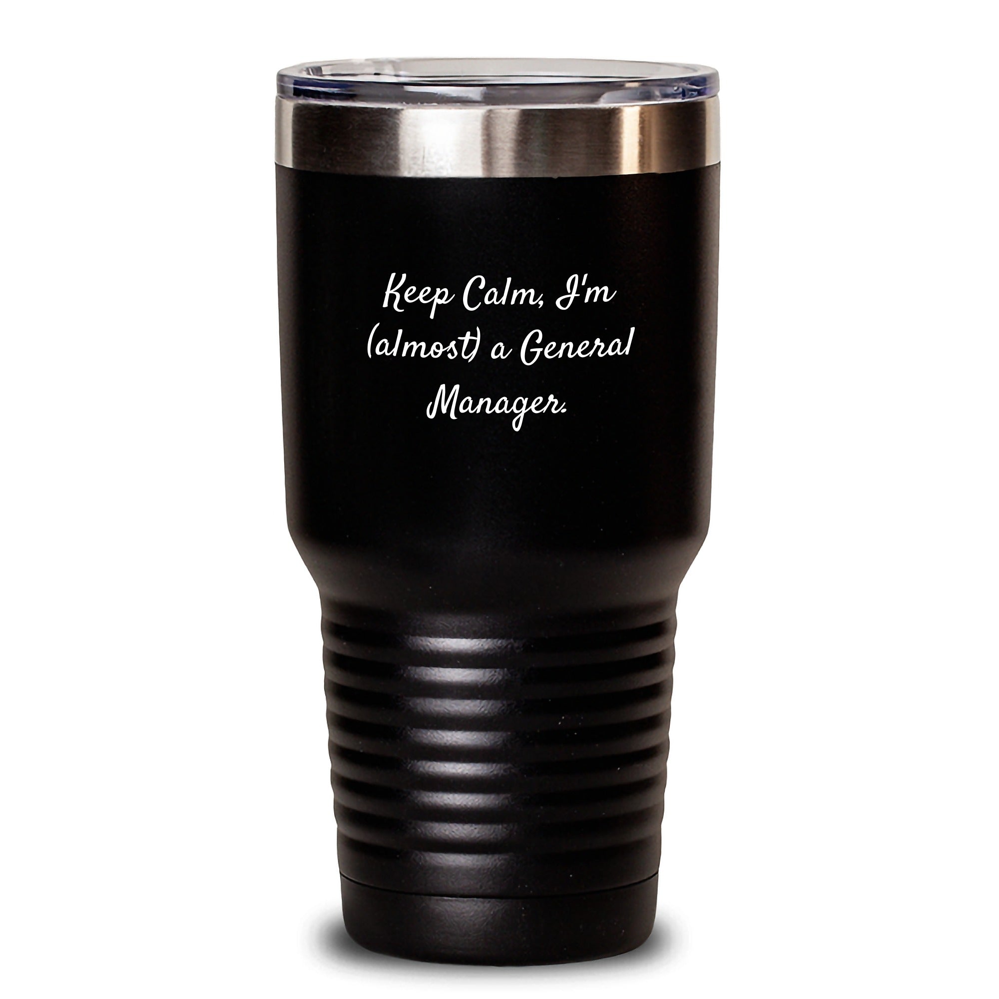 Funny Tumblers for General Manager Gifts from Men to Family, Keep Calm I'm (almost) A General Manager Christmas Unique Gifts, Black 20oz or 30oz Capacity Stainless Steel - Main