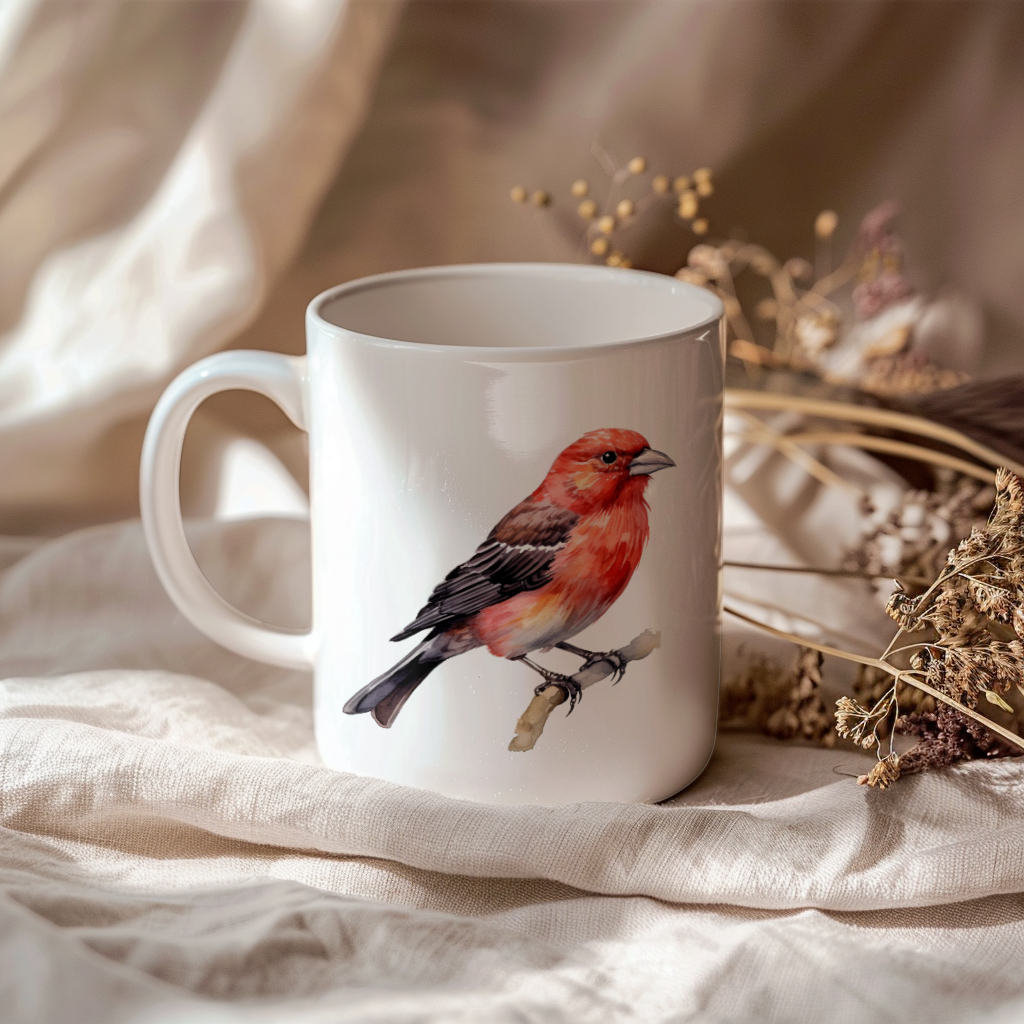 Bird Watching Mug, Red Crossbill Song Bird Mug, 11oz or 15oz White Ceramic Coffee Mug Gift for Bird Watchers