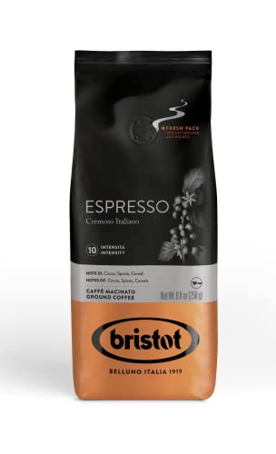 Bristot Espresso Cremoso Italiano Ground Coffee – Medium Roast, Rich & Smooth – 8.8oz (250g) Bag – Italian Ground Espresso for Home Machines