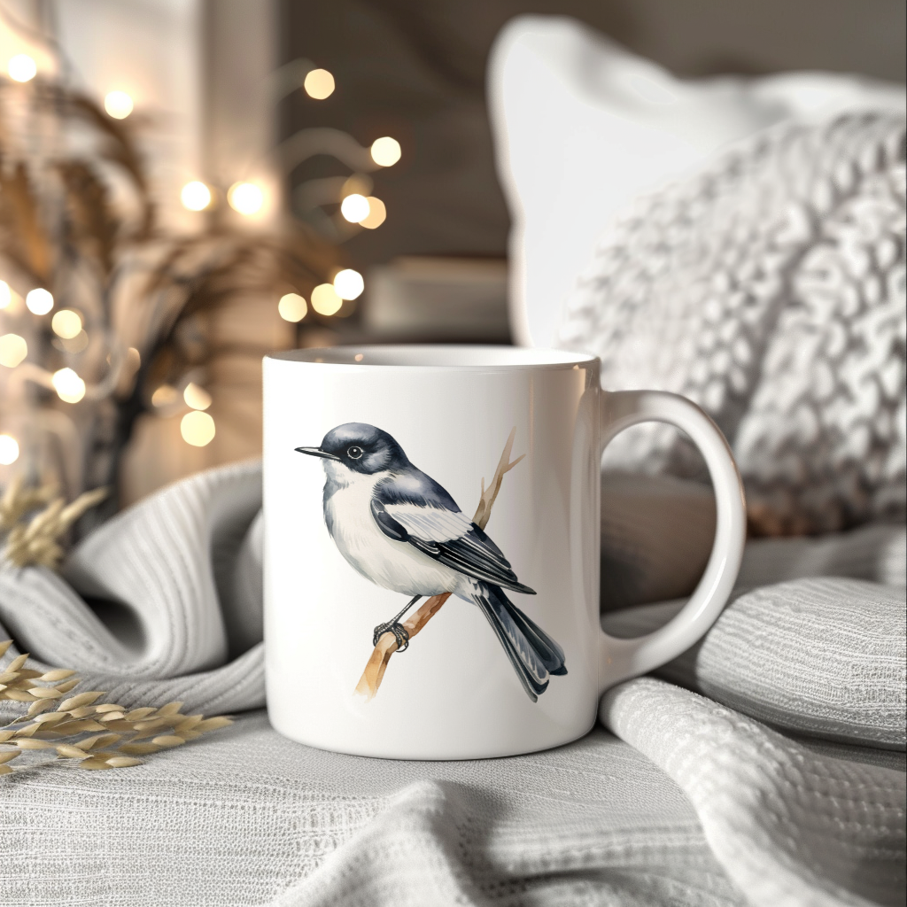Bird Watching Mug, Pied Flycatcher Song Bird Mug, 11oz or 15oz White Ceramic Coffee Mug Gift for Bird Watchers