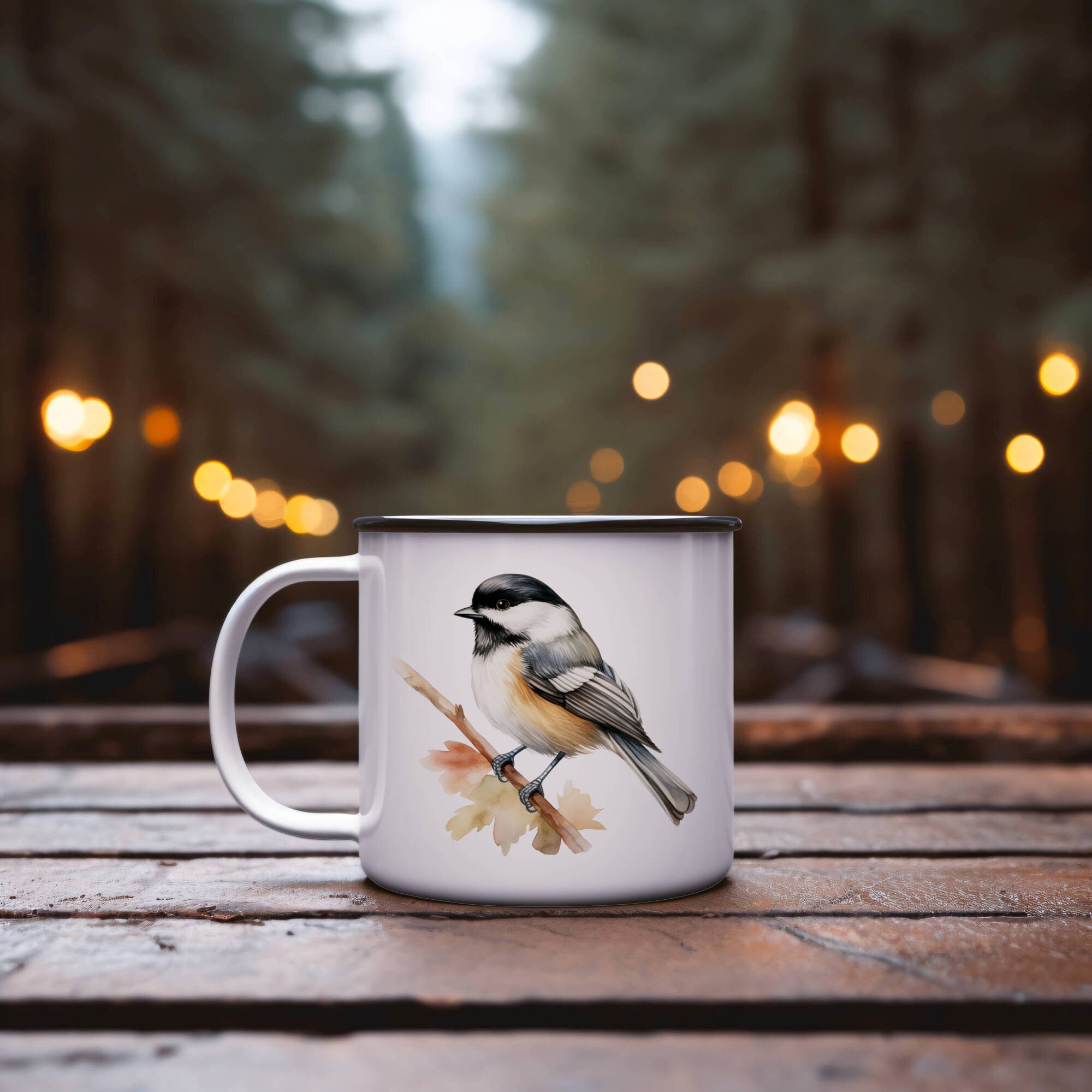 Bird Watching Mug, Black Capped Chickadee Song Bird Camping Mug, 12oz Camping Mug, White Stainless Steel Cup with Handle