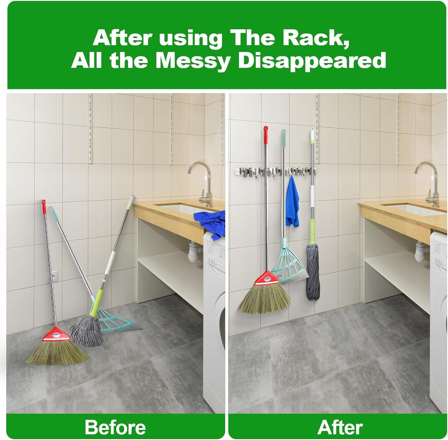 Voze 5 Racks and 4 Hooks Mop and Broom Holder Wall Mount, Self Adhesive Heavy Duty Broom Hanger Organizer Storage Tool Racks for Kitchen Garden Laundry Garage