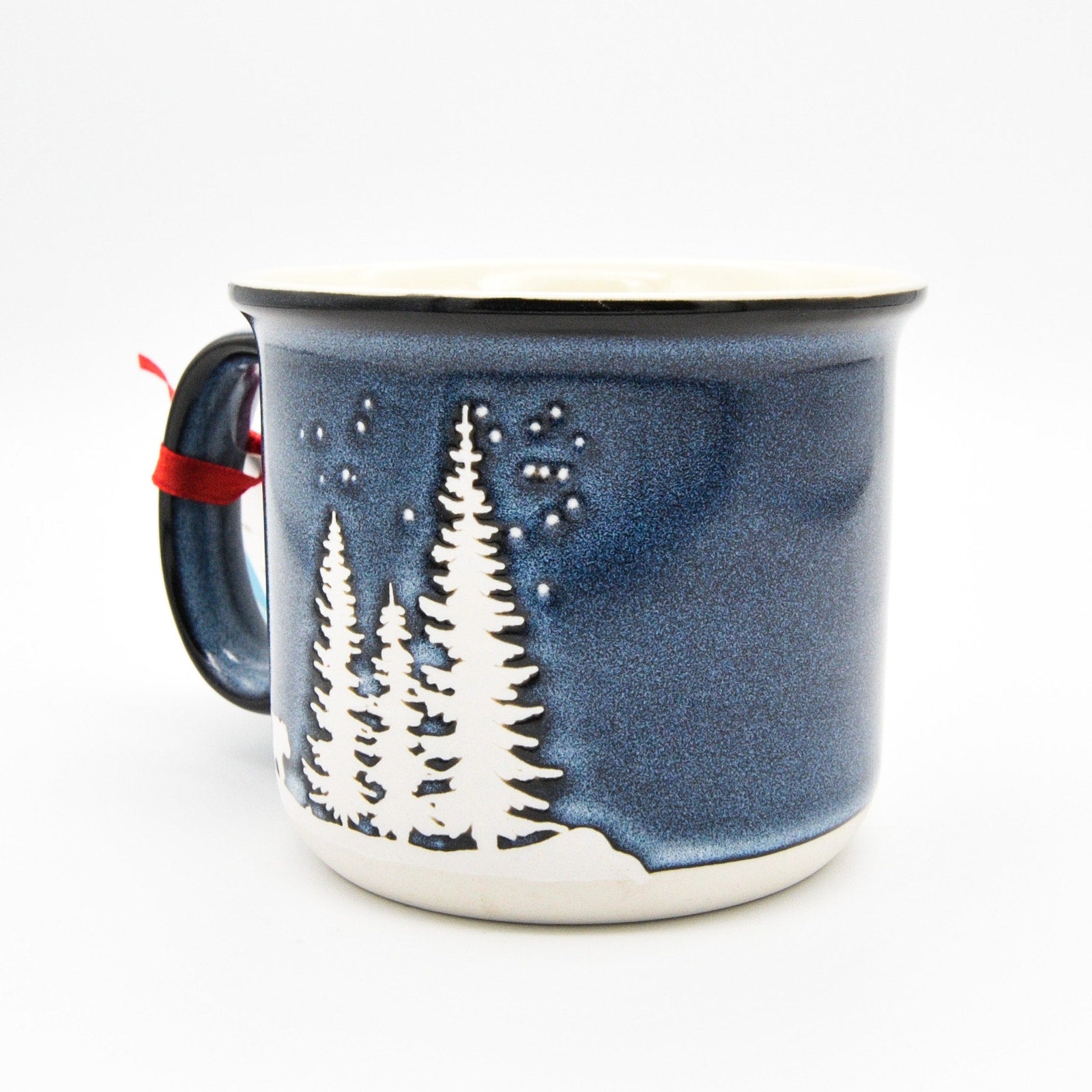 Holiday Camping Mug, Blue Ceramic 14oz Coffee Cup with Bear in Winter Scene by Gingerbread Home