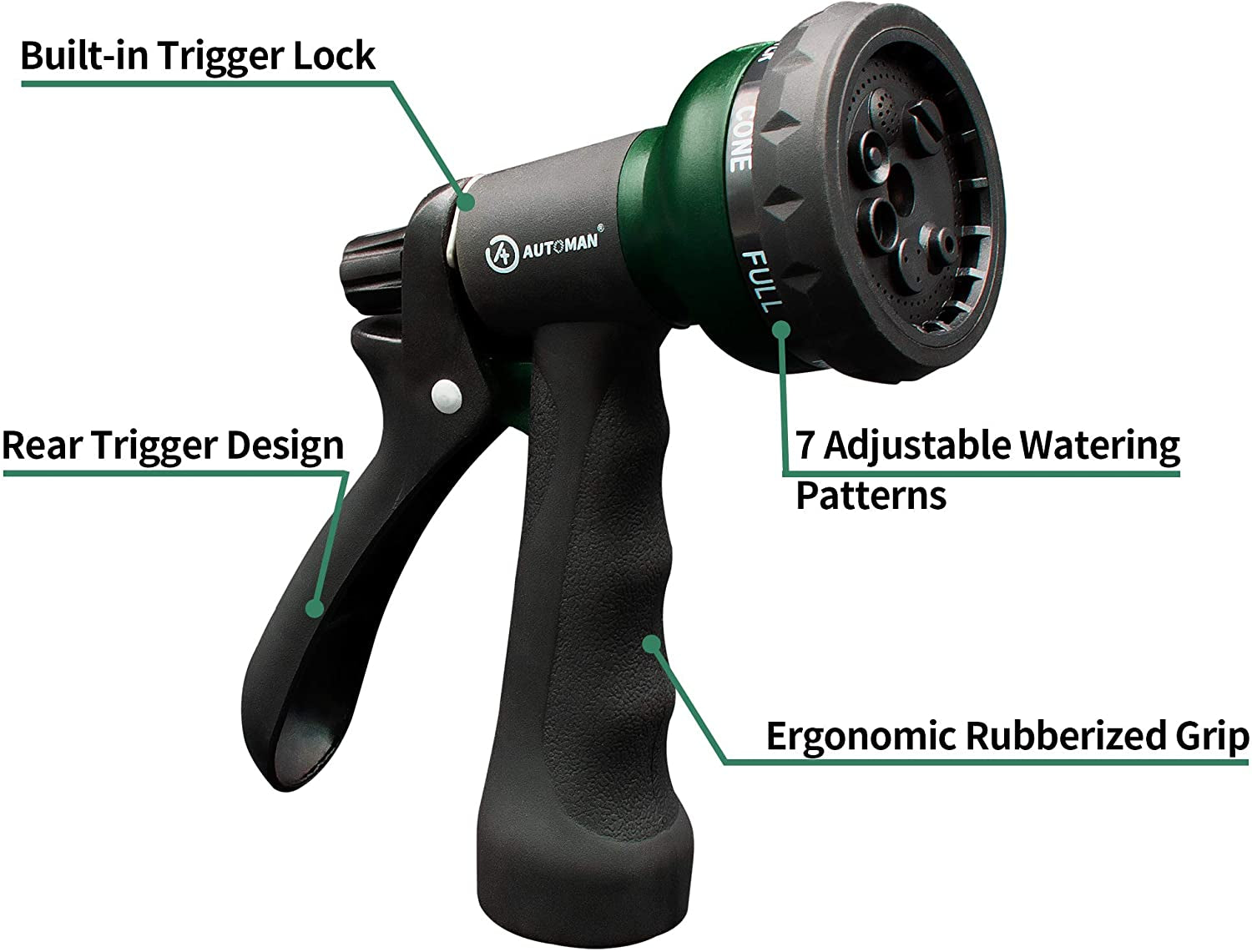 Automan-Garden-Hose-Nozzle, ABS Water Spray Nozzle with 7 Adjustable Watering Patterns, Slip Resistant for Watering Plants, Lawn& Garden, Washing Cars, Cleaning, Showering Pets & Outdoor Fun.